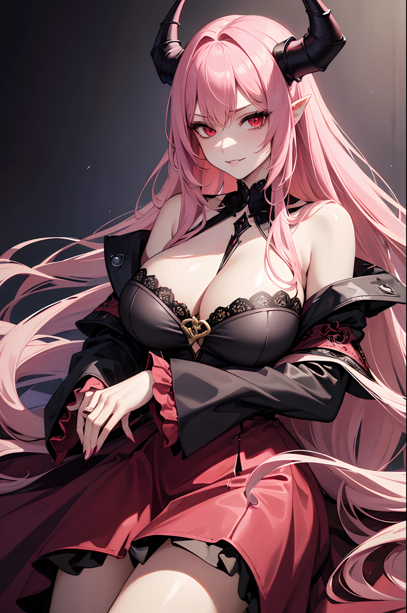 masterpiece, highlydetailed, ultra-detailed, solo, (1woman), long hair, pink hair, young woman, demon woman, vampire, complex black demon horns, beautiful, enchanting, red eyes, elegant, big breast, charming, Creepy, glaring, cruel, casual clothes, Authoritative, Smirk
