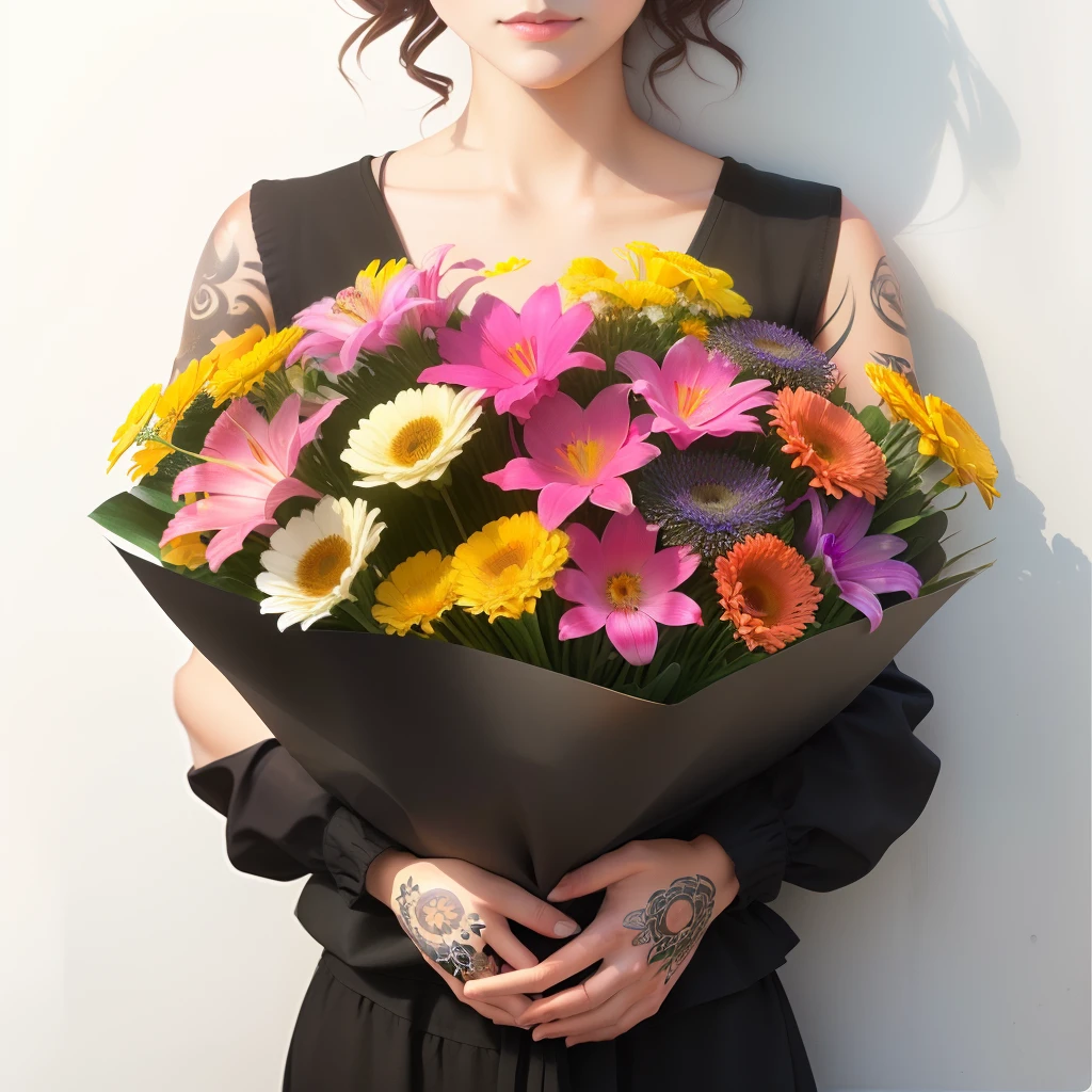 ((best quality)), ((masterpiece)), (detailed), (illustrations), A 7-year-old holds a bouquet of sunflowers with her 20-year-old older sister. The photo is from the back but the bouquet is clearly visible. The outfits are full pink