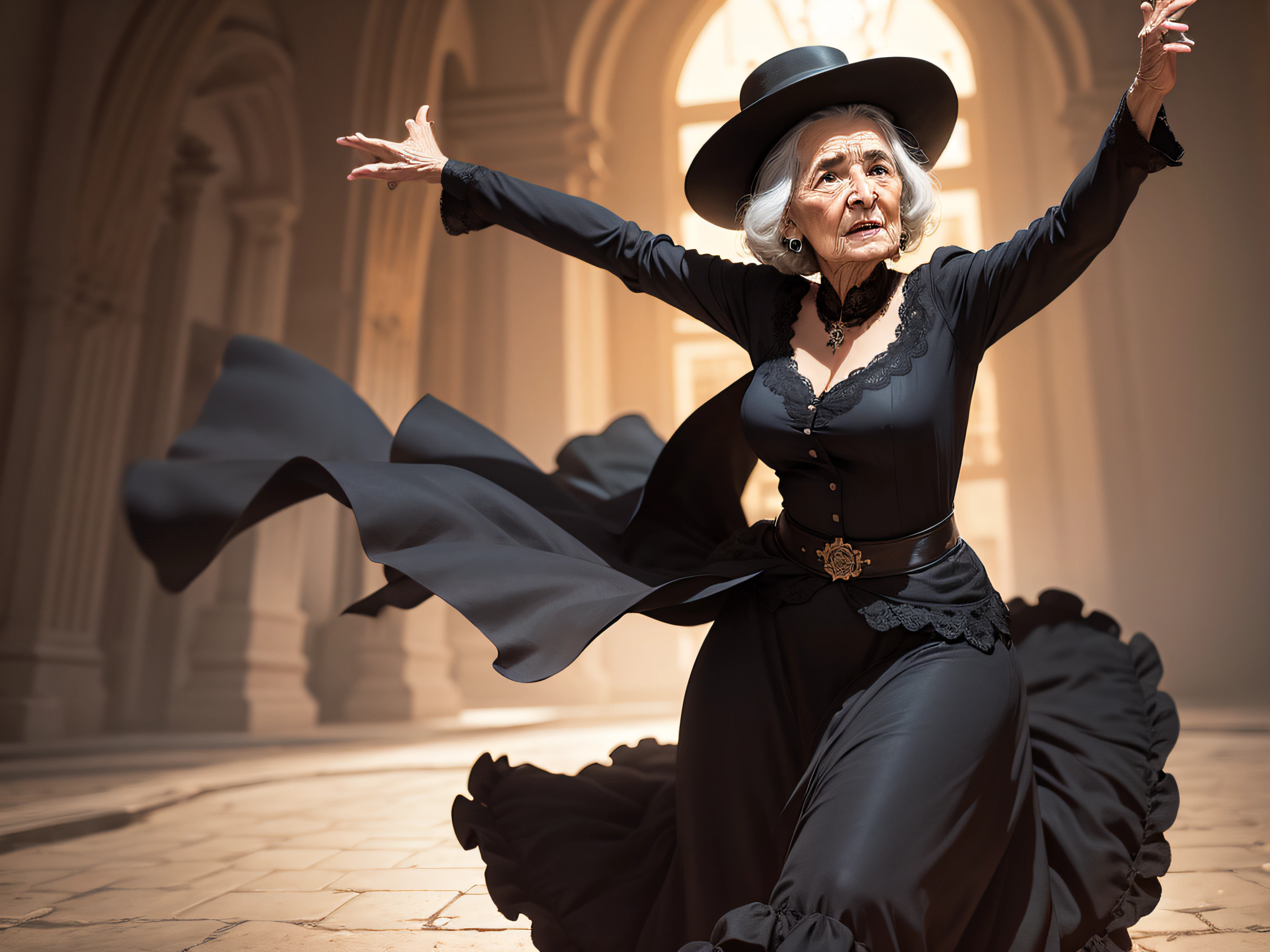 Old Spanish woman in black dancing flamenco