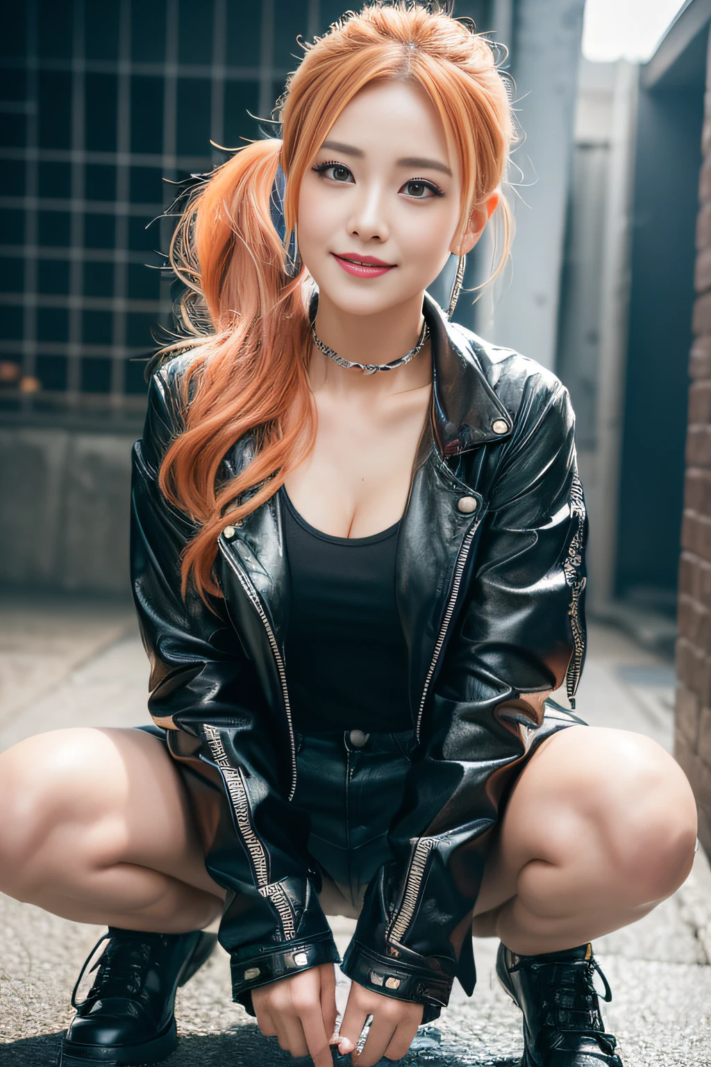 sologirl,Very heavy rain,Back alley at night,Drenched tomboy,piercings,Punk rock fashion,Open jacket with chain,Punk rock shirts,Punk rock pants with chain,Chain Accessories,a choker,(The whole body is soaking wet,Rainwater dripping from the face,Wet face,wetting hair,Wet and glowing skin,Soaking wet costumes,),(Shiny silver and orange hair,Short ponytail),(The composition of the princess's face,big eye,Pointed lips,red lipsticks,Cute round face,A smile that makes the viewer happy,blushing with embarrassment,red blush,),Bold sexy poses,Digital SLR,(The 8k quality,masutepiece,top-quality,Ultra-high resolution output image,),intricate detailes,(Highly detailed raw photos:1.3),(Image Mode Ultra HD),crouching down