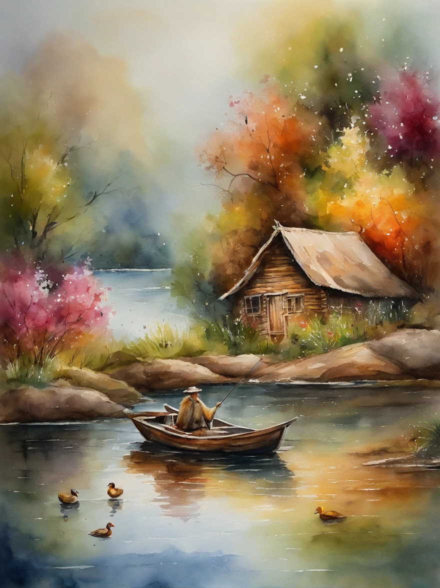 There are a old hut beside the river, a fishing boat near hut over the water, ducklings are swimming near the boat, flowers are blooming beside the hut, an old man smoke and sitting in front of the hut.