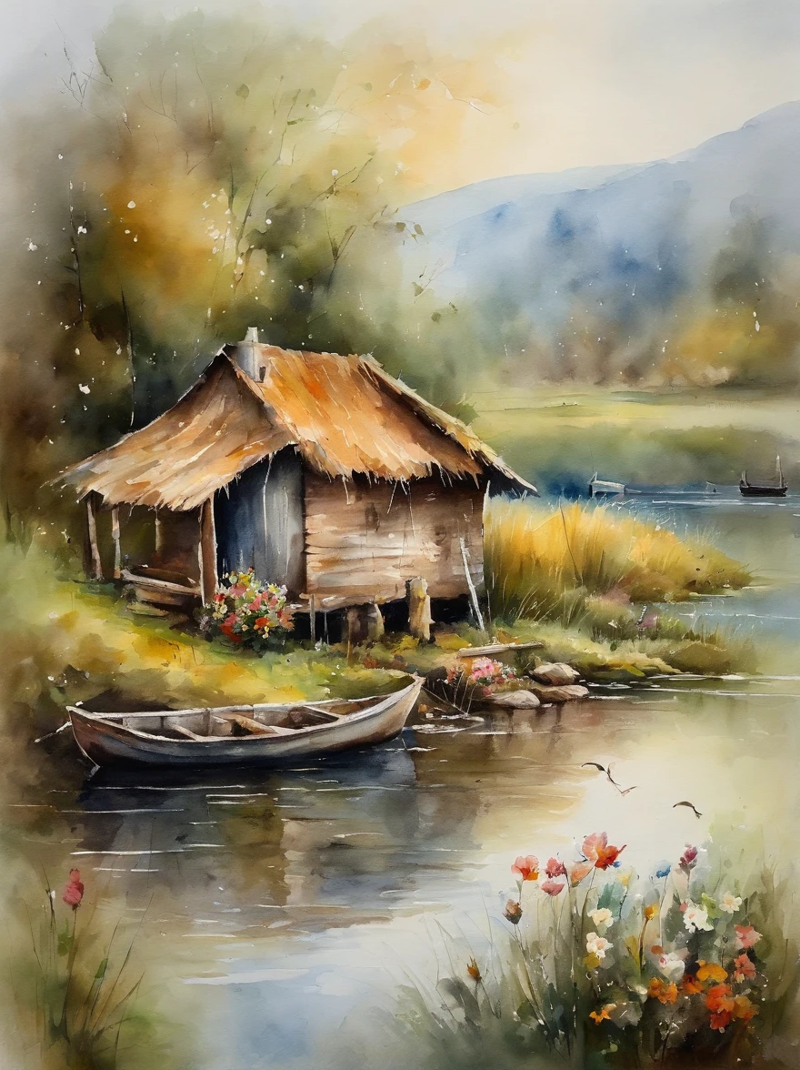 There are a old hut beside the river, a fishing boat near hut over the water, ducklings are swimming near the boat, flowers are blooming beside the hut, an old man smoke and sitting in front of the hut.