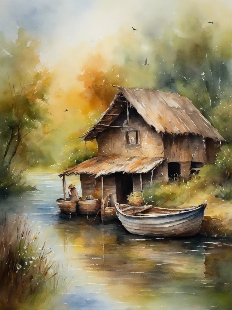 There are a old hut beside the river, a fishing boat near hut over the water, ducklings are swimming near the boat, flowers are blooming beside the hut, an old man smoke and sitting in front of the hut.