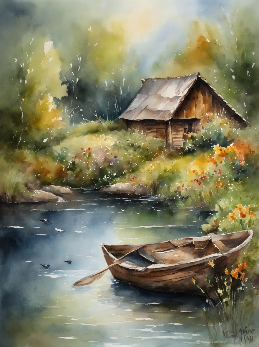 There are a old hut beside the river, a fishing boat near hut over the water, ducklings are swimming near the boat, flowers are blooming beside the hut, an old man smoke and sitting in front of the hut.