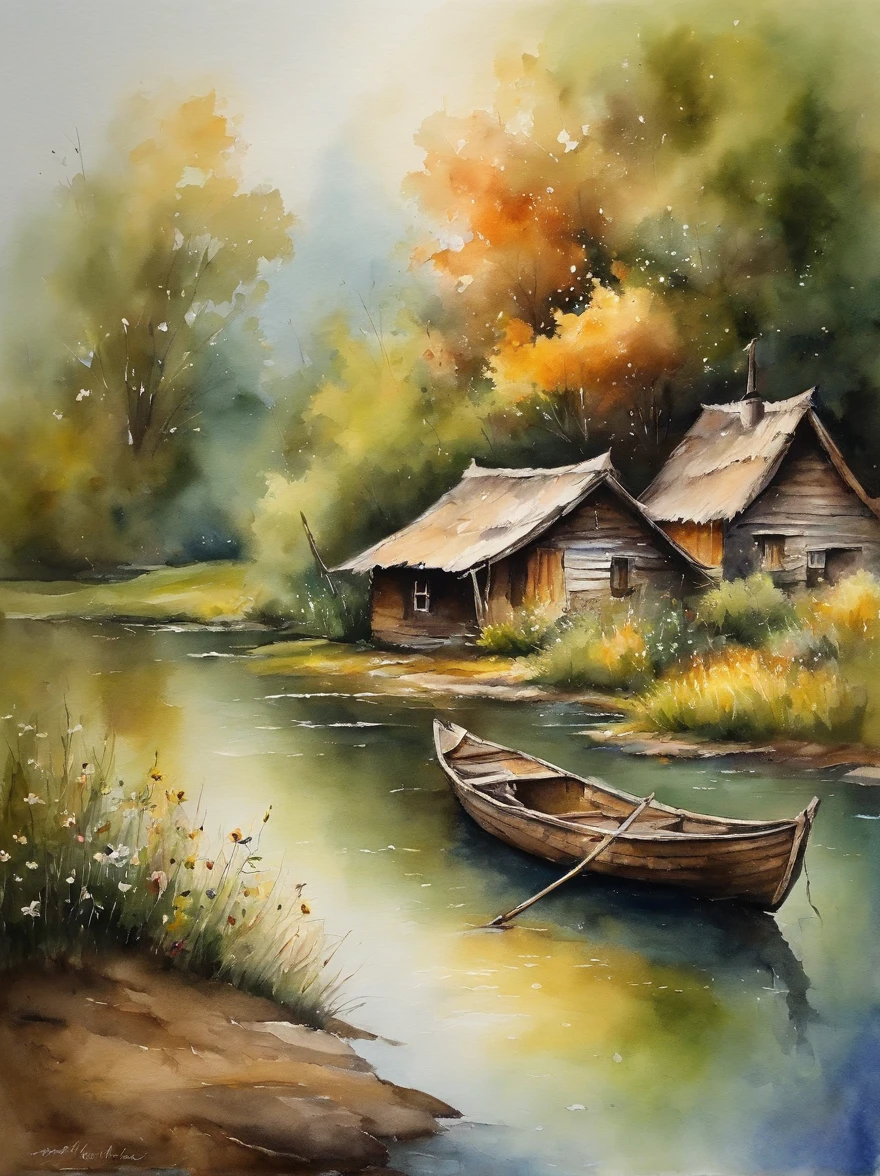 There are a old hut beside the river, a fishing boat near hut over the water, ducklings are swimming near the boat, flowers are blooming beside the hut, an old man smoke and sitting in front of the hut.