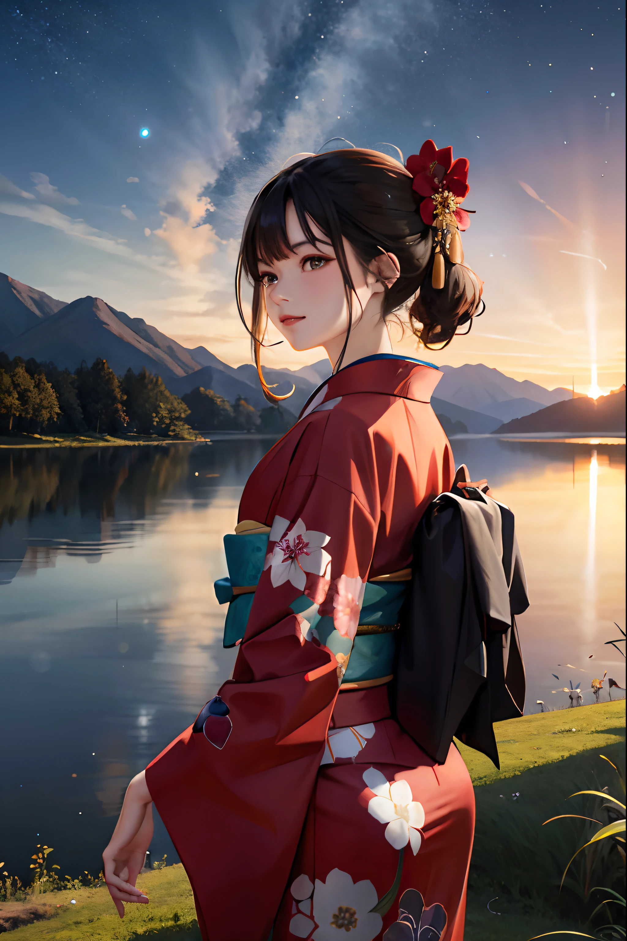 Beautiful landy in a kimono looking over the horizon, dazzling sunset clear Lake , mesmerizing landscape beautiful scenery, light trails, red kimono, green pasture, highly detailed masterpiece, Galactic backdrop
