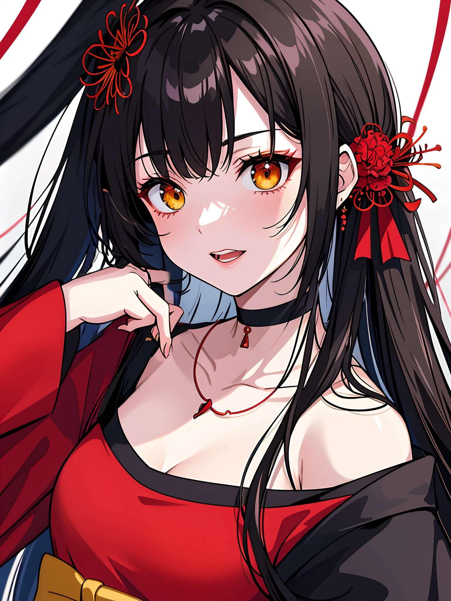 (top-quality、hight resolution、8k、masterpiece:1.2)。Curvaceous but slender、Muchimuchi Body、The whole area is filled with Red Spider Lily、Red spider lily in bloom、A woman sits in the middle of a red spider lily in full bloom。With a mysterious look、Kimono and double teeth are characteristic.。Wearing a kimono splattered with blood、I'm holding some kind of murder weapon in my hand.。The crazy expression and the gap between her and the Red Spider Lily further enhance her beauty。Half-taken kimono、accessorized、mole、Eyebrows、double tooth、canine teeth、poneyTail、Muscular nose、Clear detailed green eyes、red blush、a choker、Fleshy lips、Physical beauty、well-muscled、Mysterious fashion、Anime style、animesque、unreal、Fashion based on red and white、Backgrounds with depth、The background is 10,000 Red Spider Lilies spread all over the area、a necklace、Bracelets、Misanga、arm band、Light and Wall Co-star、A small black cat clinging to his shoulder、Original face、(dark themed:1.3)、Dark Fantasy、Distant angle、portlate