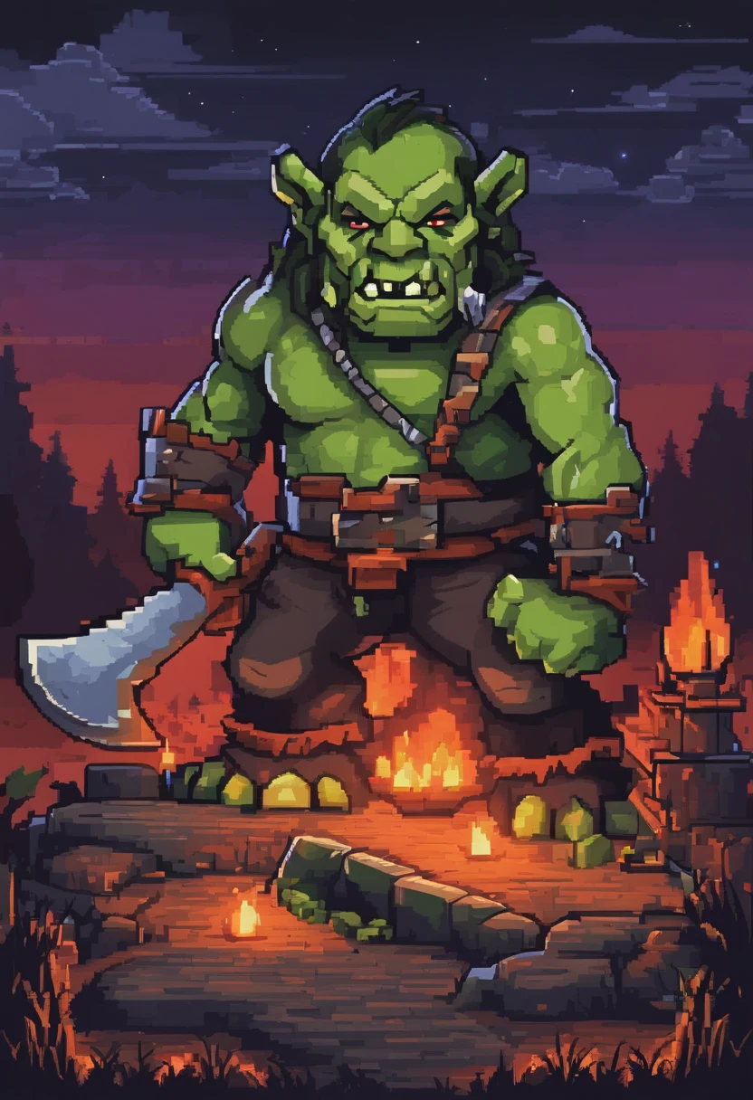 Um orc, feroz, Presas Expostas, With a giant axe in hand, fundo do campo de floresta a noite, fantasmas, desenho 2D, High definition, 4k