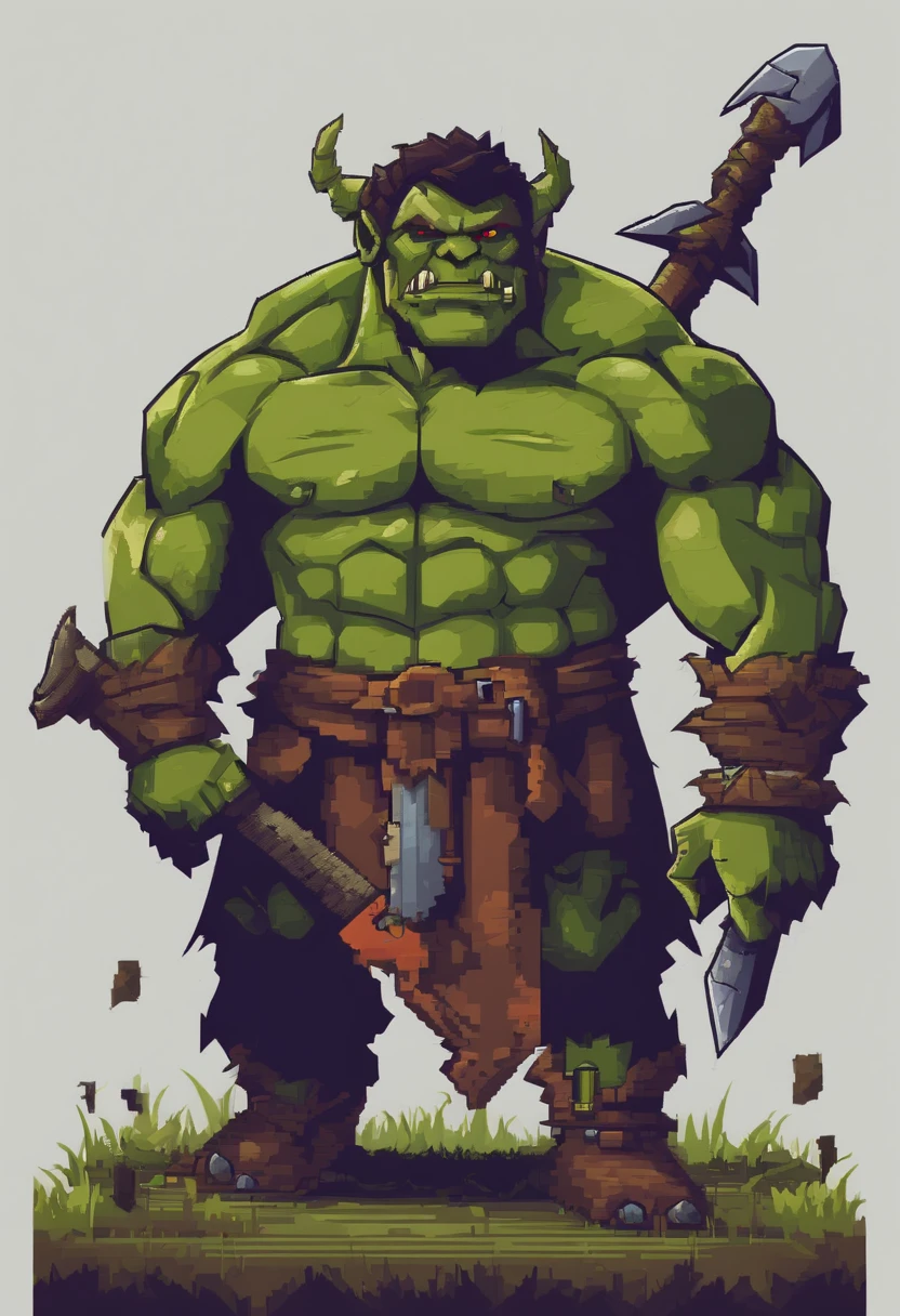 Um orc, feroz, Presas Expostas, With a giant axe in hand, fundo do campo de floresta a noite, fantasmas, desenho 2D, High definition, 4k
