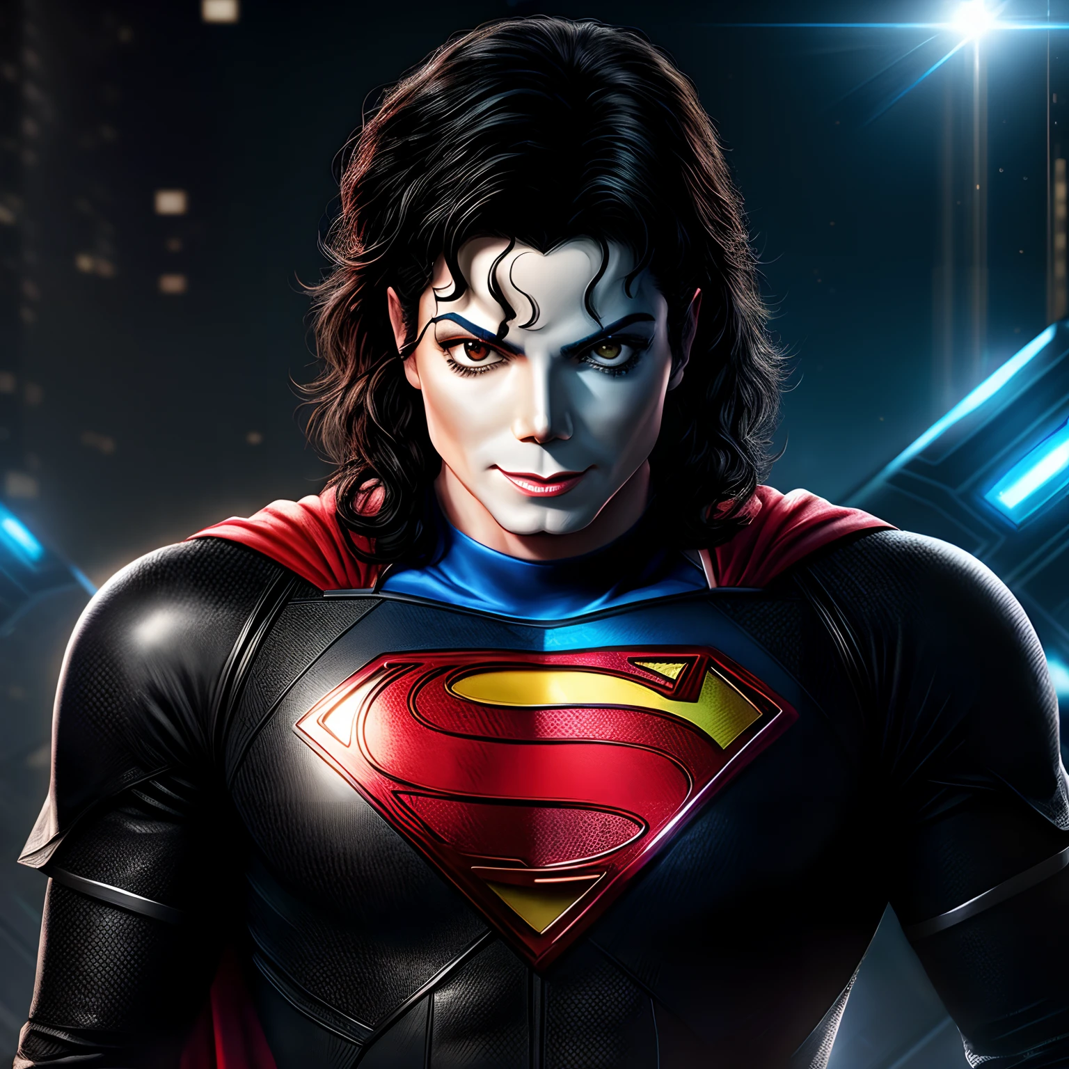a Michael Jackson, with Superman's cyber-skeptical technological outfit, UHD quality, stylized image.