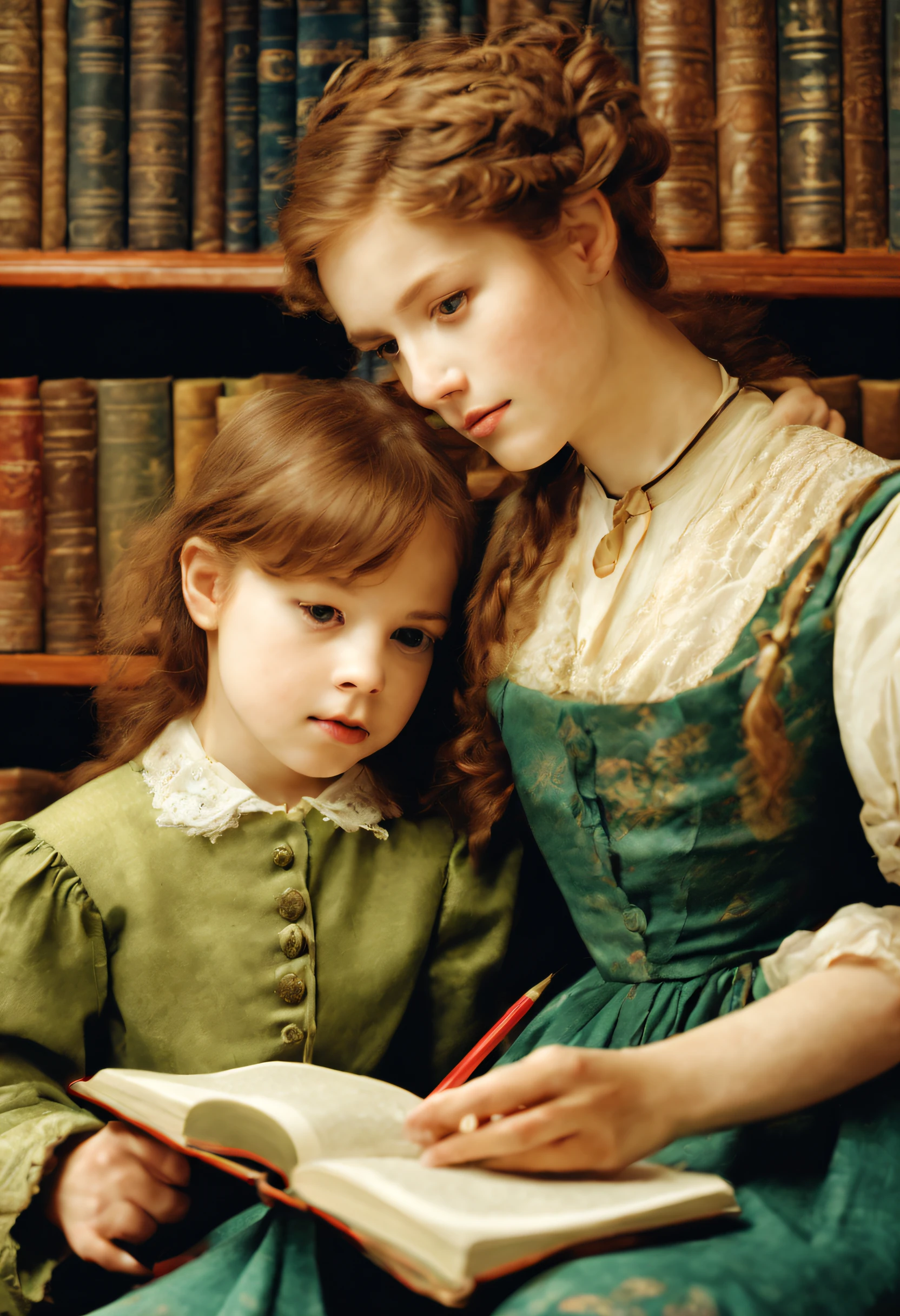 20 year old beautiful female teacher and 6 year old child reading a book、with round face、Pre-Raphaelites-like style、The background is the library