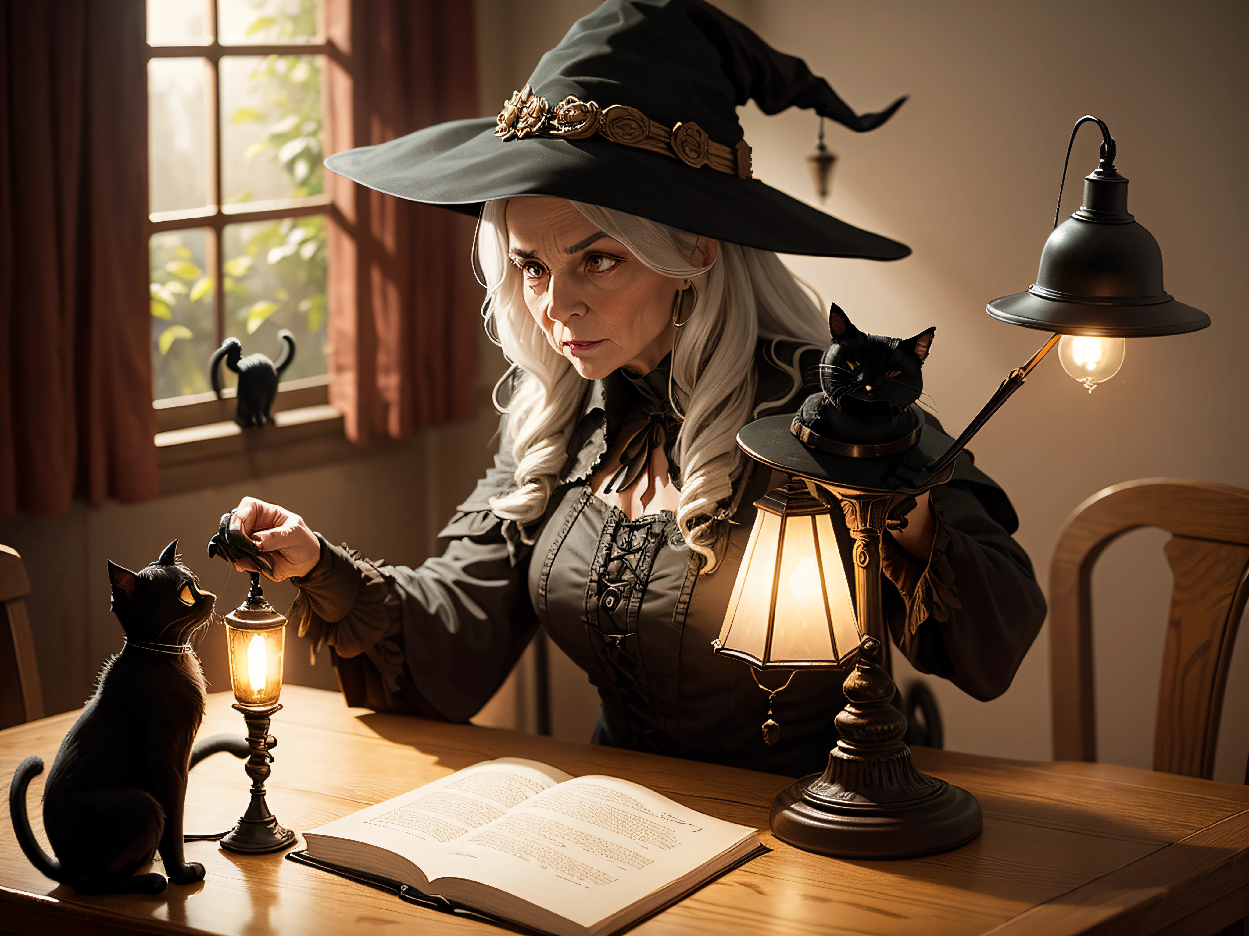 very old witch touching a black cat on a table lit by a lamp