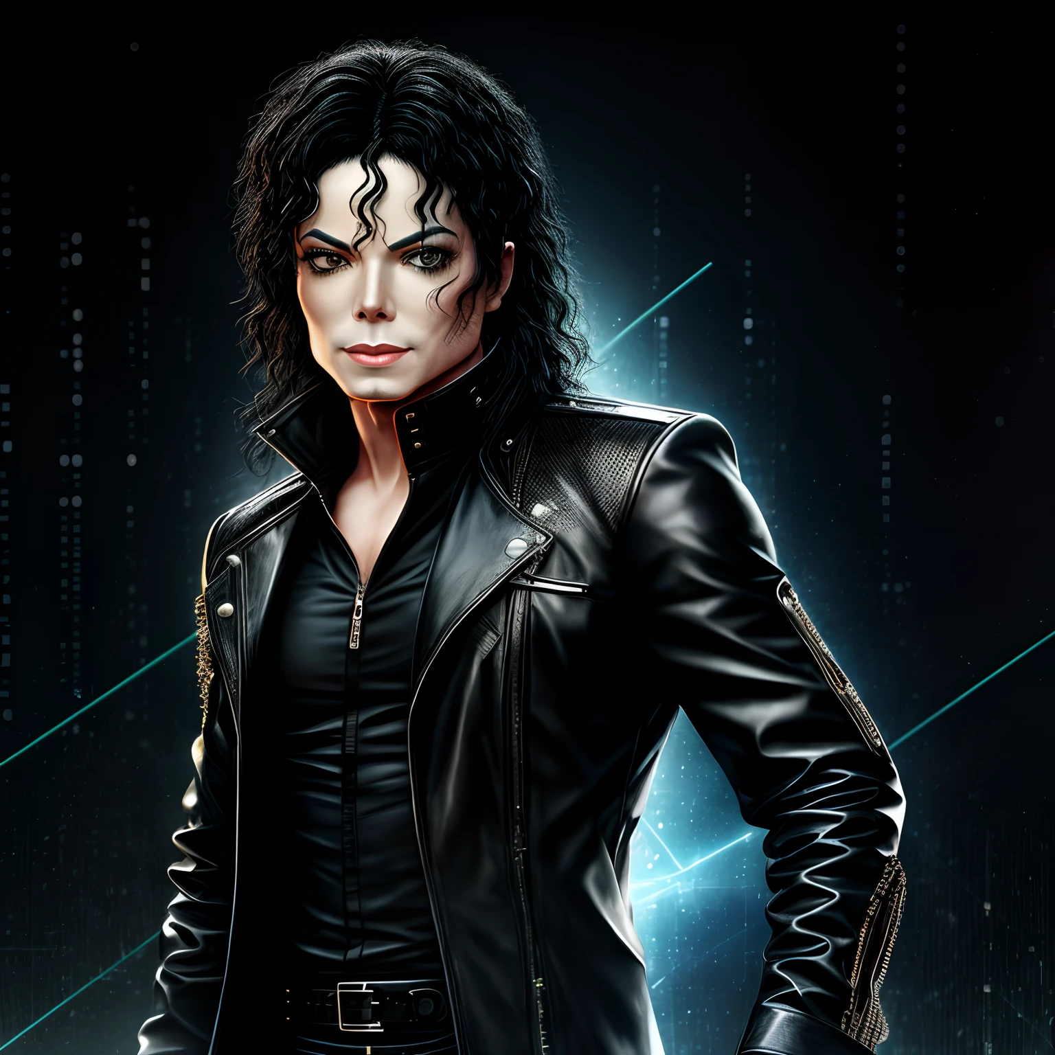 a Michael Jackson, with the Matrix technological outfit, UHD quality, stylized image.