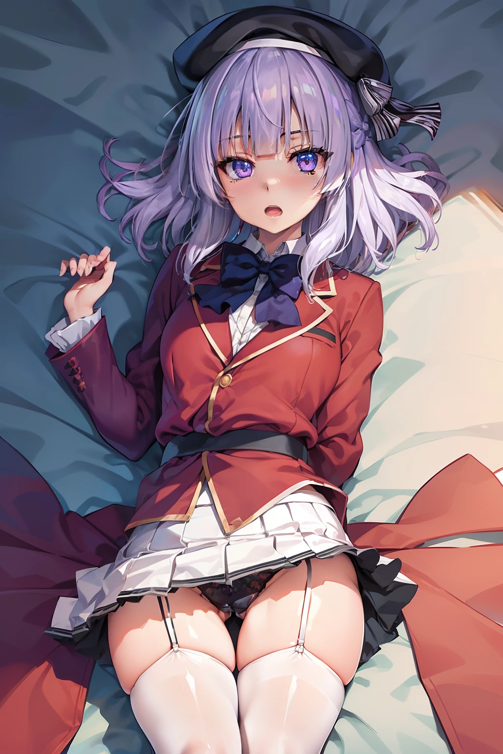 BREAK (masutepiece:1.2), Best Quality, High resolution, Unity 8k壁纸, (Beautiful detailed eyes:1.6), extra detailed face, Perfect Lighting, extremely details CG,1人、独奏、Arisu、(Viewer's Perspective、cowboy  shot:1)、(Light purple hair、White hair、Medium Hair) 、Arisu has、beret、Black beret、Black hat:1.2)、(Purple eyes、shining purple eyes:1.3)、(Arisu School、student clothes、Red Blazer、a red jacket、robe blanche 、(White skirt)、pleatedskirt、Blue bow tie、White Niso、garter strap、Absolute area:1.4)、Naughty big、large full breasts、(Perfect hands, Perfect Anatomy),Look at viewers、a bed、Bedroom、(Sleep on your back:1.3)、(black panties:1.3)、(Skirt that rolls up:1.3)、(Fully exposed panties:1.5)、Surprised、red blush、(Pushed down on the bed:1.3)、Open mouth