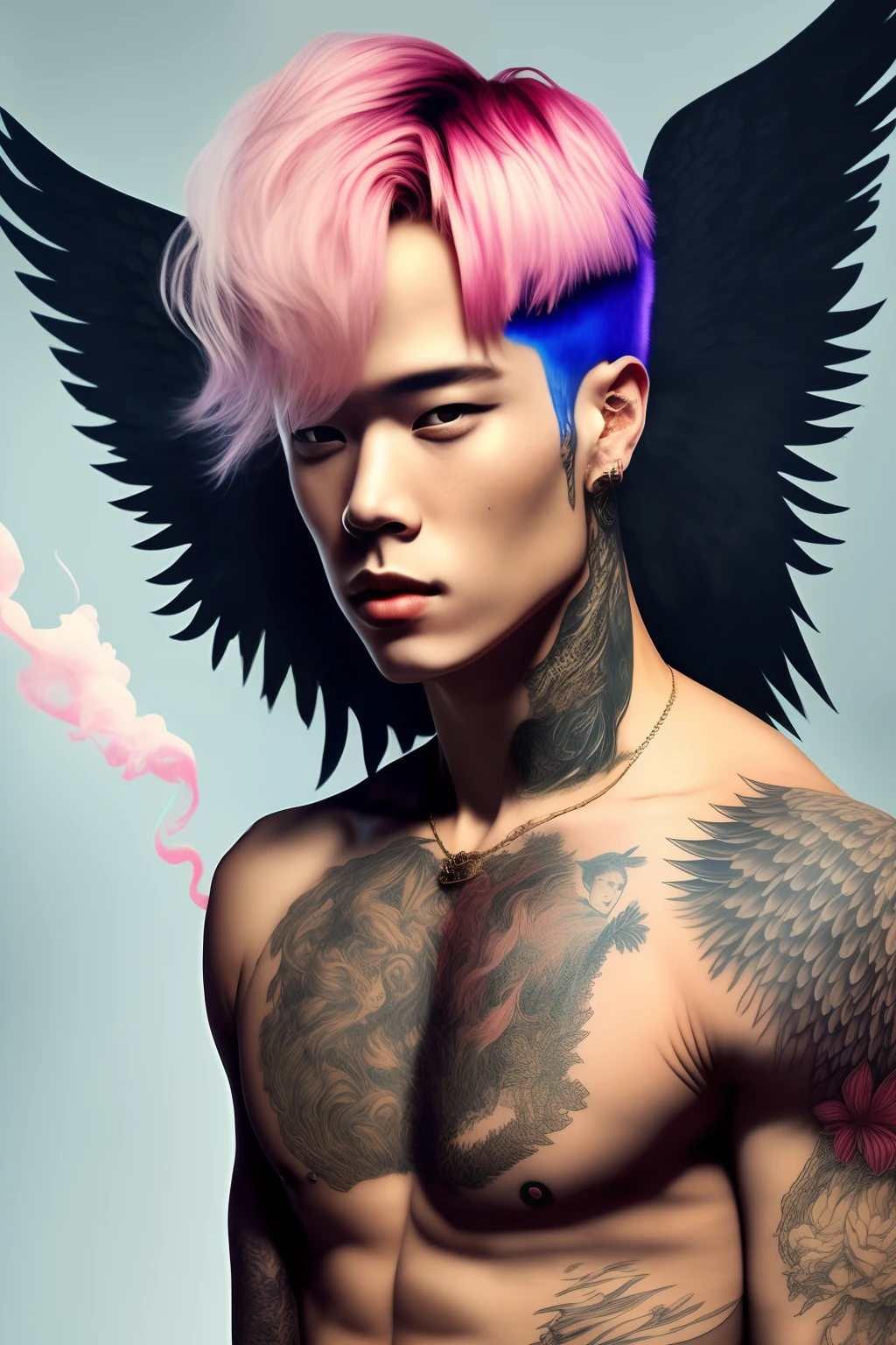 Jimin blonde as a fallen angel, smoking and tattooed. Realism.
