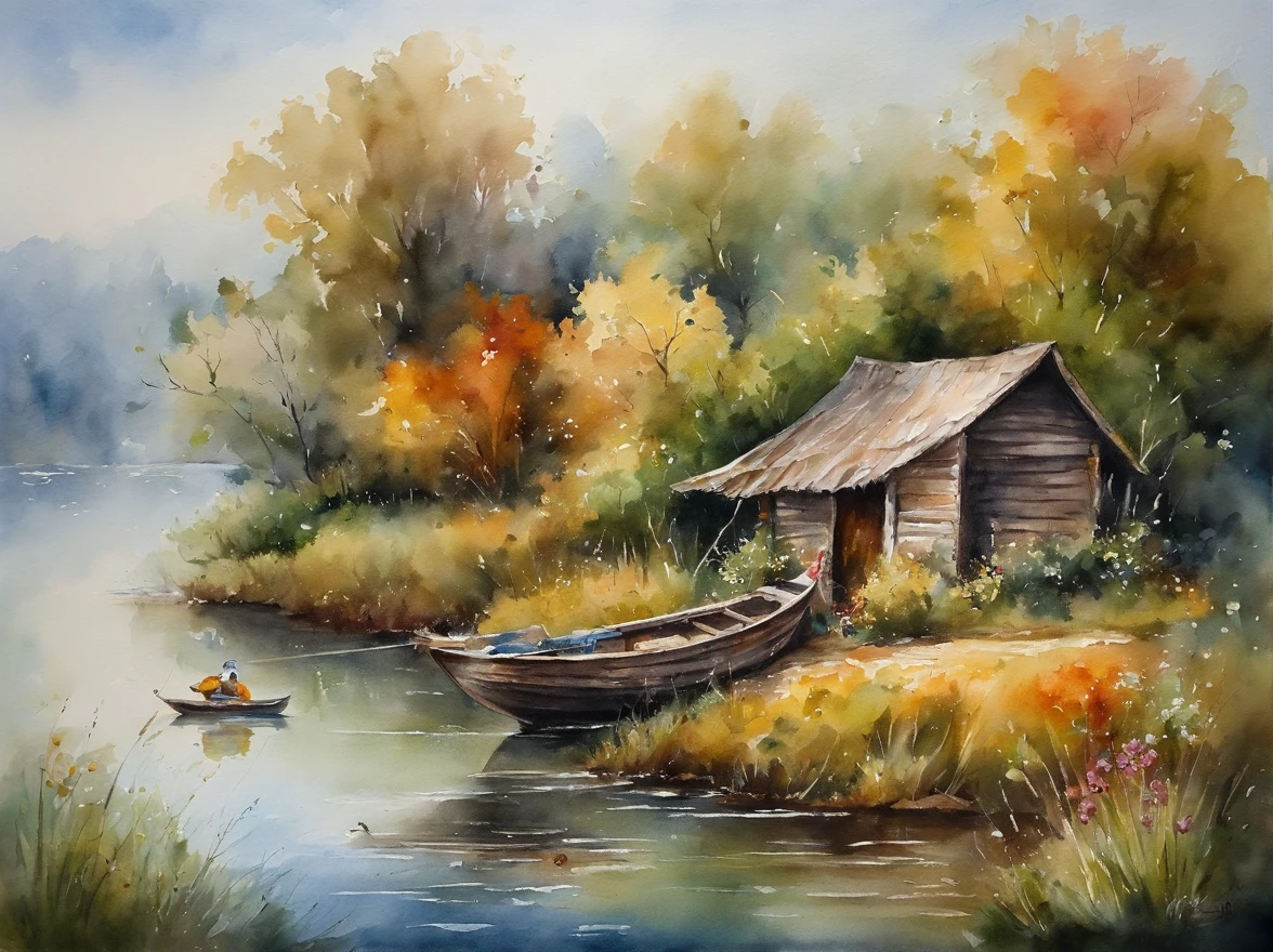 There are a old hut beside the river, a fishing boat near hut over the water, ducklings are swimming near the boat, flowers are blooming beside the hut, an old man smoke and sitting in front of the hut.