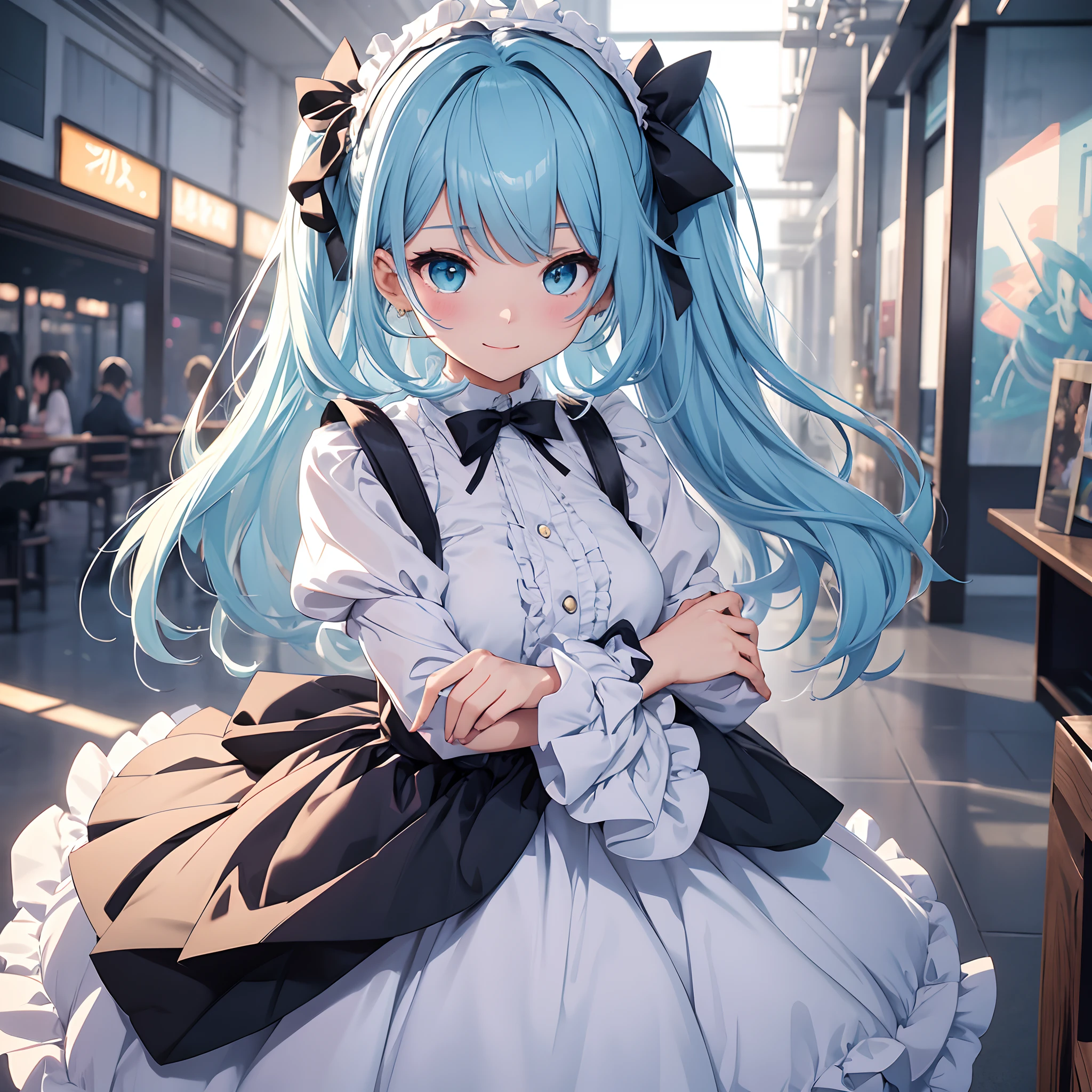 Abstract Anime Painting、high-level image quality、masterpiece、2D、Shining in the cloudy sky、A strange sight that makes you feel like you are in a different space from your surroundings、Realistic and detailed background depiction、Cute One Girl、Hairstyle is matched bangs、Side hair is tied with a ribbon、Emerald eyes reflecting light、Hair color is light blue, Transparent and glitter..、a smile、White clothes are Gothic ta fashion and multiple ruffled skirts.、I'm carrying a cute backpack、Jumping with hands up、