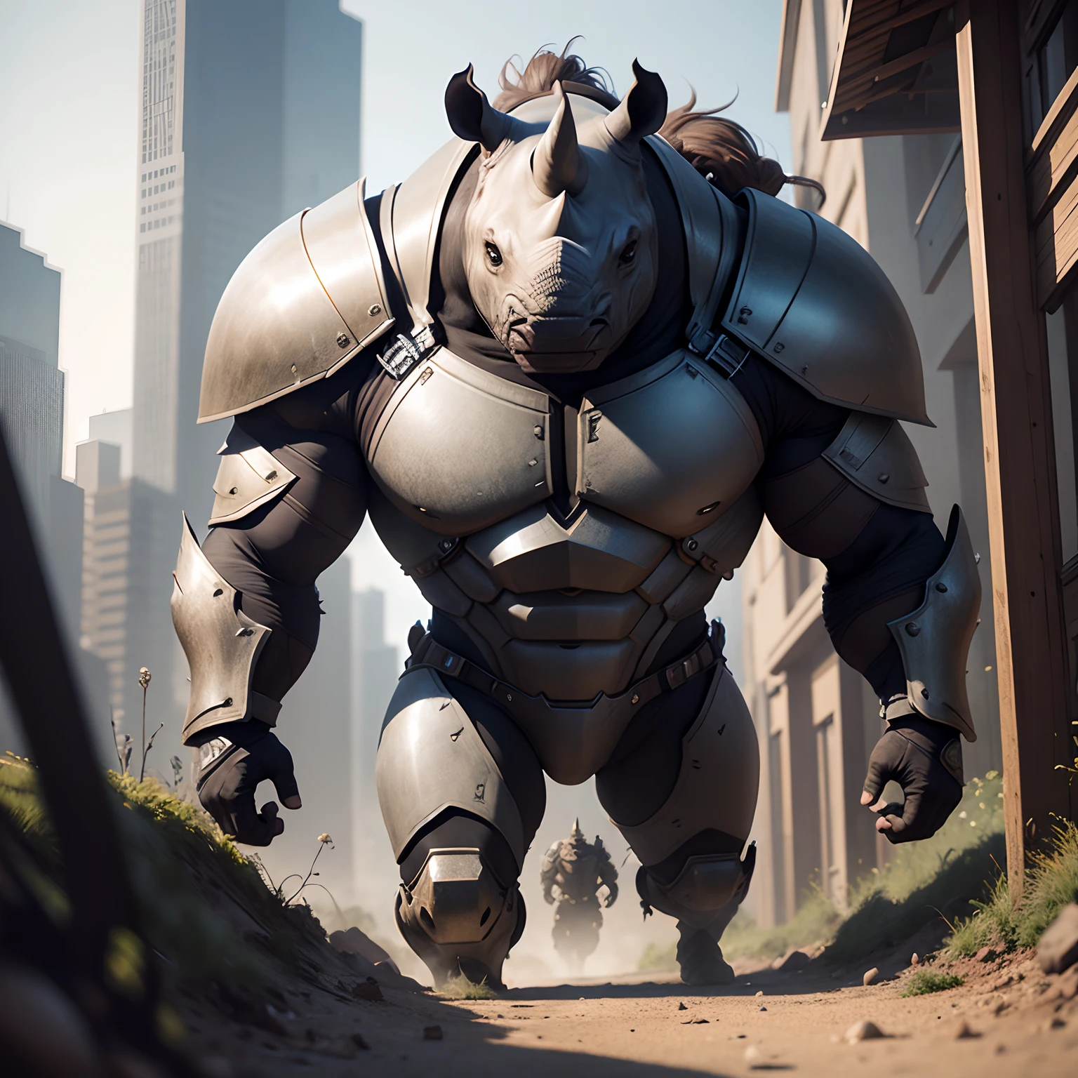 Rhino warriors in realistic 4K armor, full entire body,Super Detailed, Vray Display, Unrealistic engine, Midjourney Art Style.