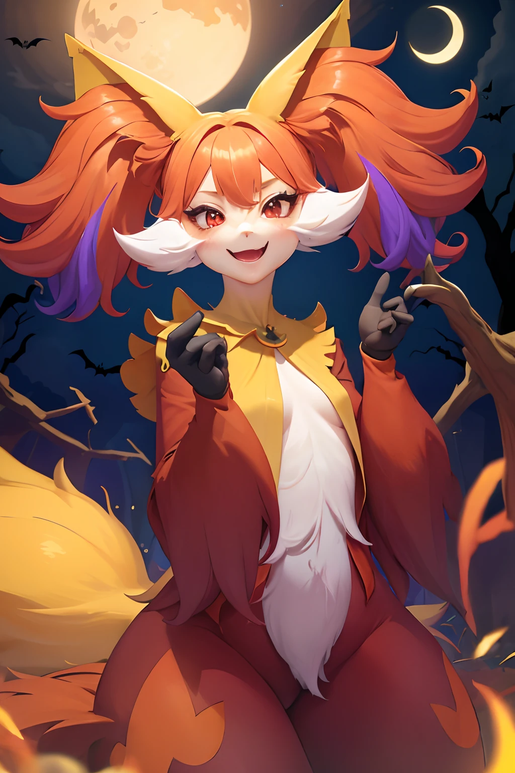 (master part, best quality:1.2), sozinho, 1girl, Delphox, peludo, pelo multicolorido, Olhando para o Viewer, tail, Postura perfeita, happy expression ,presas de animais, Halloween tema