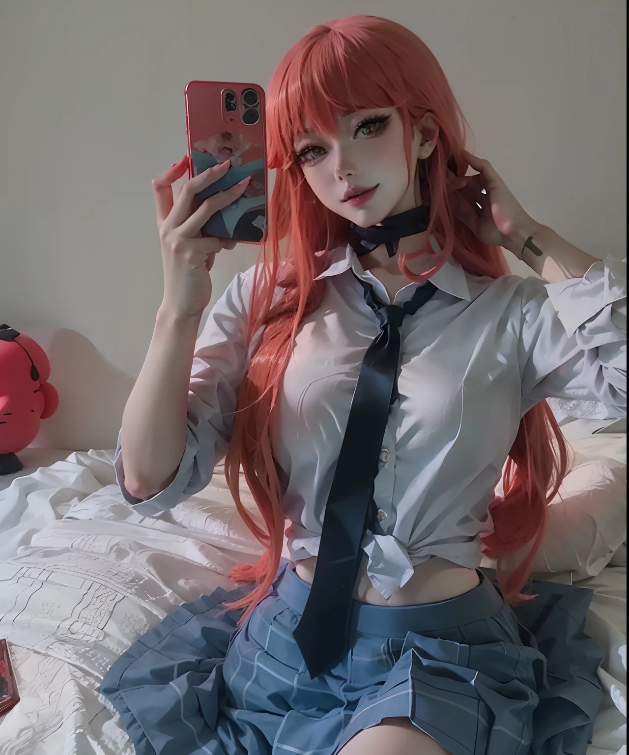 Da ist eine Frau, die auf einem Bett sitzt und ein Foto macht, anime girl in real life, anime girl cosplay, hyperrealistic schoolgirl, a hyperrealistic schoolgirl, realistic schoolgirl, Anime-Vibes, Cosplay, Cosplay-Anime, Anime-inspiriert, belle delphine, Amouranth, disguised as a schoolgirl, als Anime-Charakter, Asuka Langley Sohryu