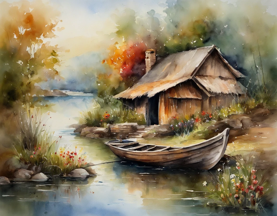 There are a old hut beside the river, a fishing boat near hut over the water, ducklings are swimming near the boat, flowers are blooming beside the hut, an old man smoke and sitting in front of the hut.