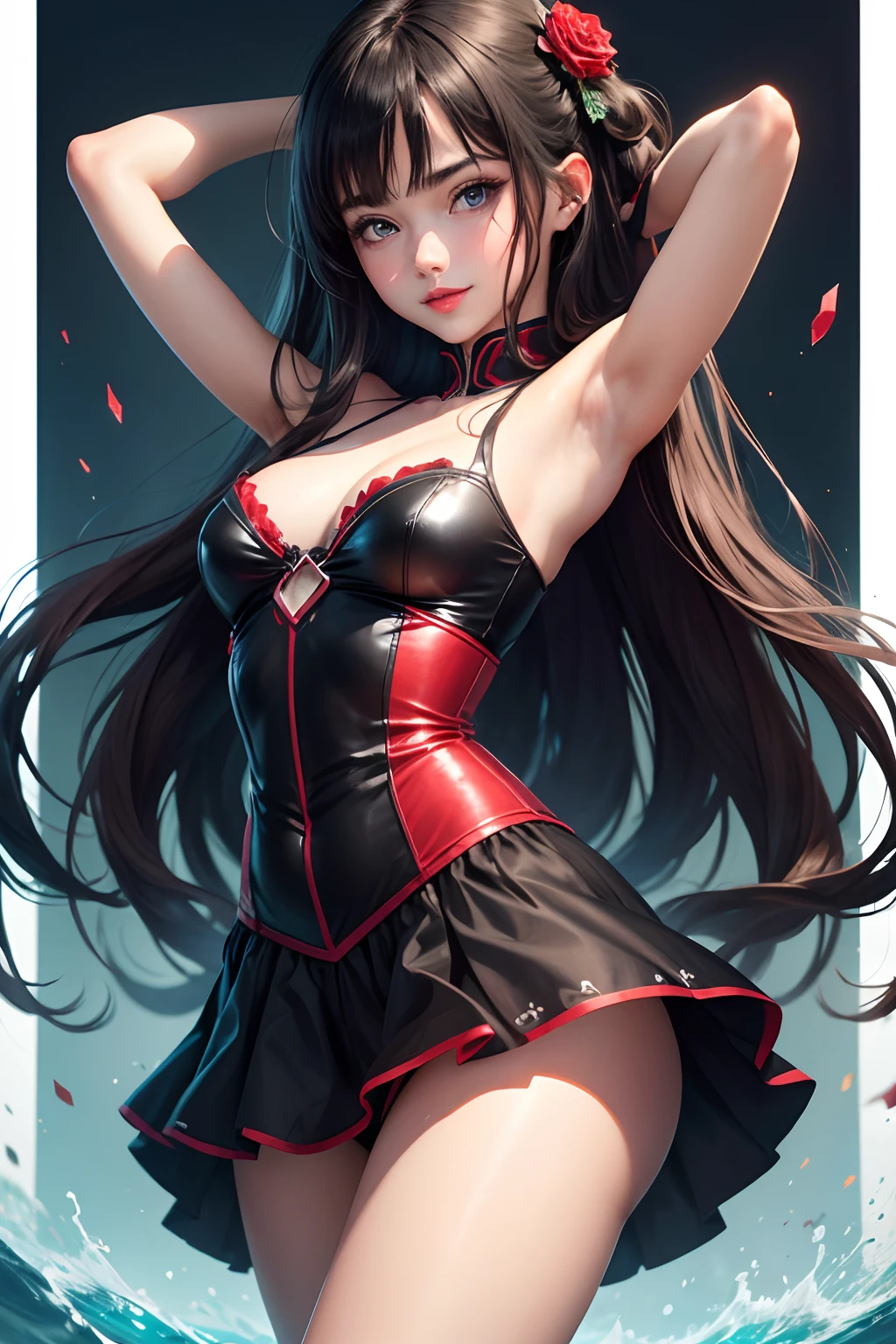 NSFW,(Natural finger shape:1.5),4K,masterpiece,((Focus on the face)),((Symmetrical facial features)),Eye for detailed depiction,Beautiful woman,Excellent style,Beautiful feet,(Small Ass,Thin thighs),(stockings,High heels),Detailed depiction of the face,Small earrings,Low angle photo,((Sleeveless,Red skirt)),Hide and seek in the park early in the morning,blue blonde,Close-up photo of the upper body