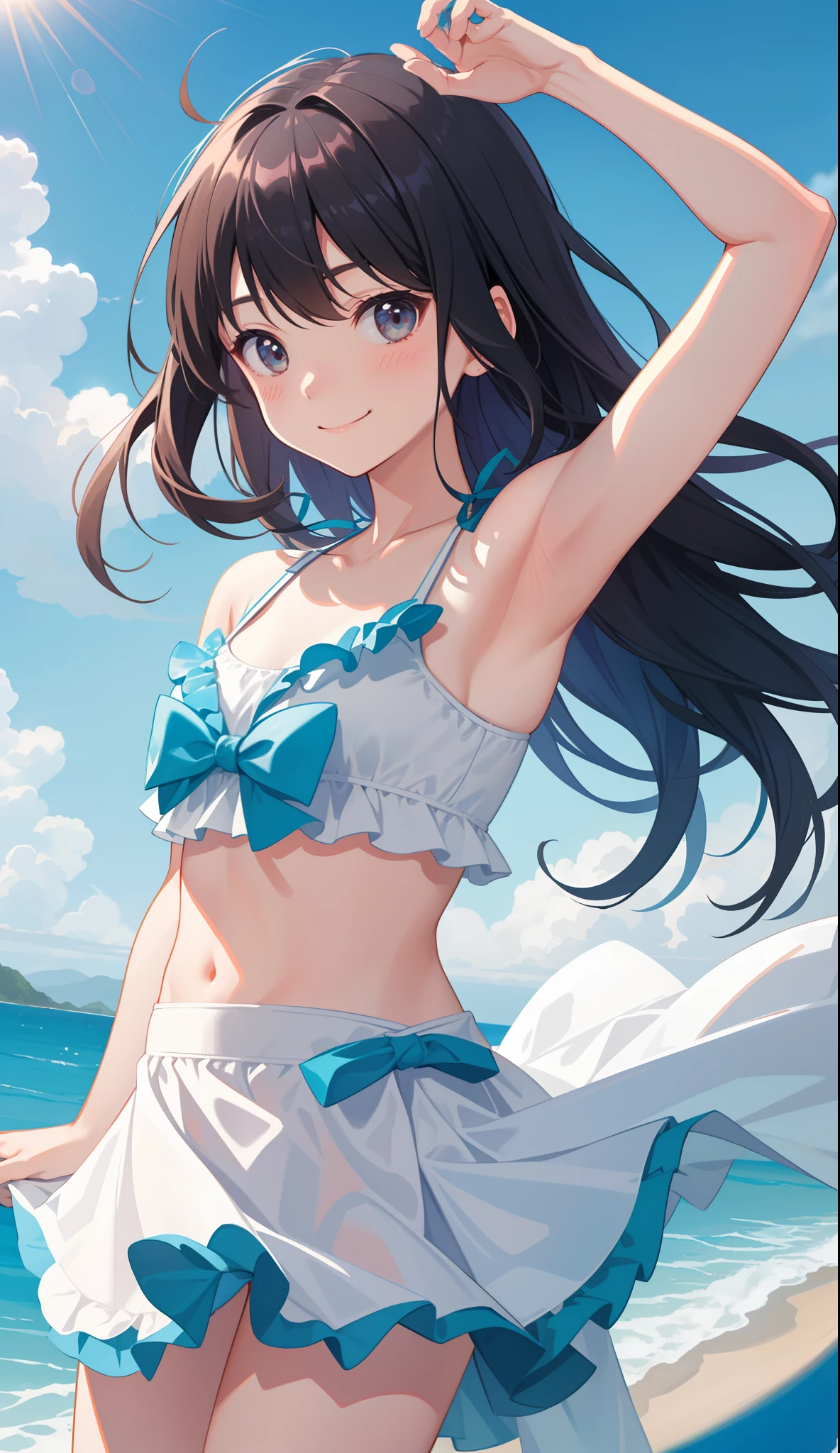 1girl in、small nipple柄、boobs loli、独奏、Long、black har、Belly Navel、Looking at Viewer、swimsuiti、Naked foot、See-through through、The water、Midriff、Small swimsuit、twintails、Very Longhair、ful body、bule eyes、Naked foot、thights、tits、small tits、White bikini、bangss、bangss、stomach、Part Lip、Floating hair、standding、Shy face、Blushing cheeks