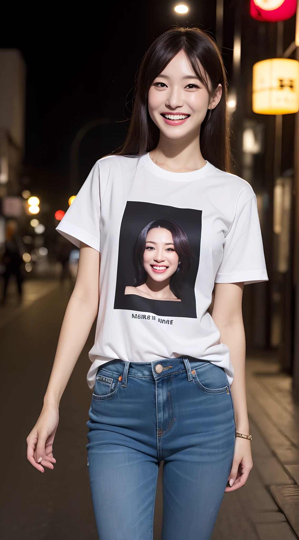 (((Top image quality、8K、1人の女性)))、((Beautie、Beautuful Women、cute little))、Random attire、Random Poses、natta、Streets of Tokyo、modeled、独奏、nightcity、Stylish clothes、Fashionable clothes、natural make up、White short-sleeved T-shirt、damage denim、japanes、a smile、ssmile
