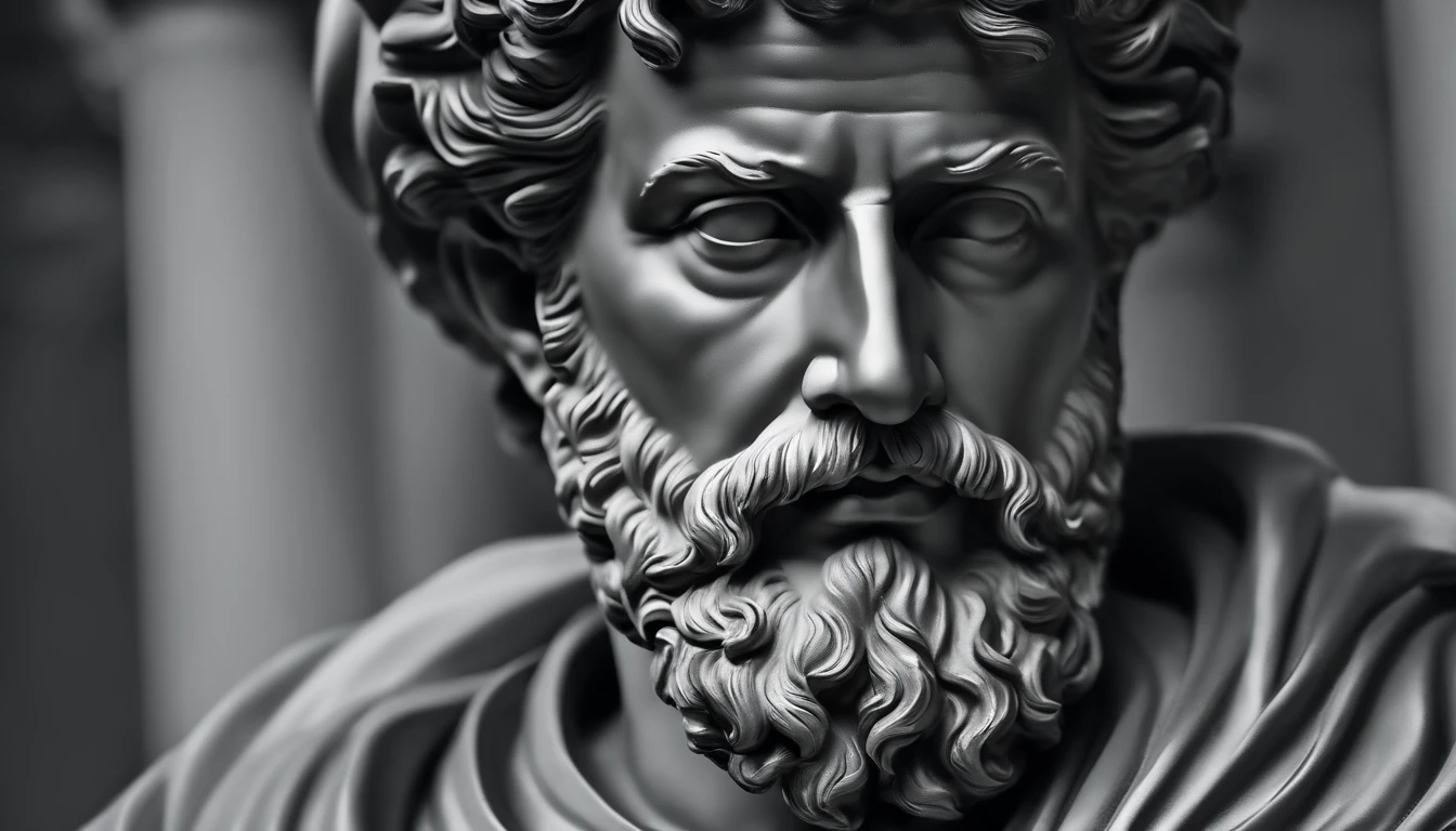 a portrait statue of the stoic Marcus Aurelius in black and white 4K,Face de lado, papel de parede super realista