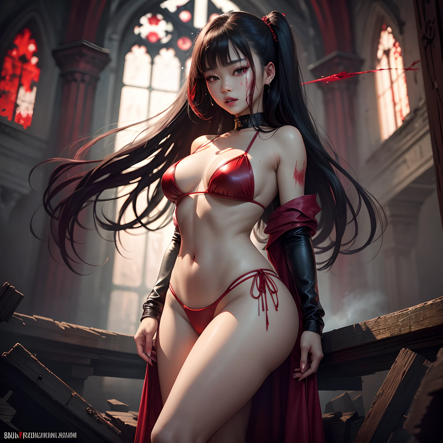 jennie kim from kpop group blackpink as a realistic Mark Brooks, (Bloody Countess), (Evil wins), sexy vampire in a red bikini, Stockings woven from flowing blood, stained with blood, (looks at the viewer, crying bloody tears), whole body, wet body, wet clothes, (threatening look and fangs), (shiny vampire wings), (blood stains her pale face), in a dark abandoned church, with very mesmerizing red eyes