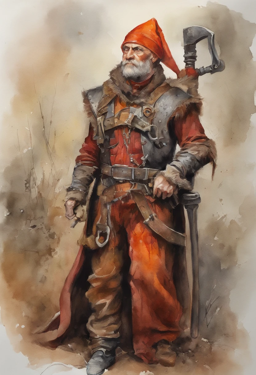 Engineer Elf, red and orange skin, bald, red eyes surrounded by black, giant wrench, masterpiece, best quality