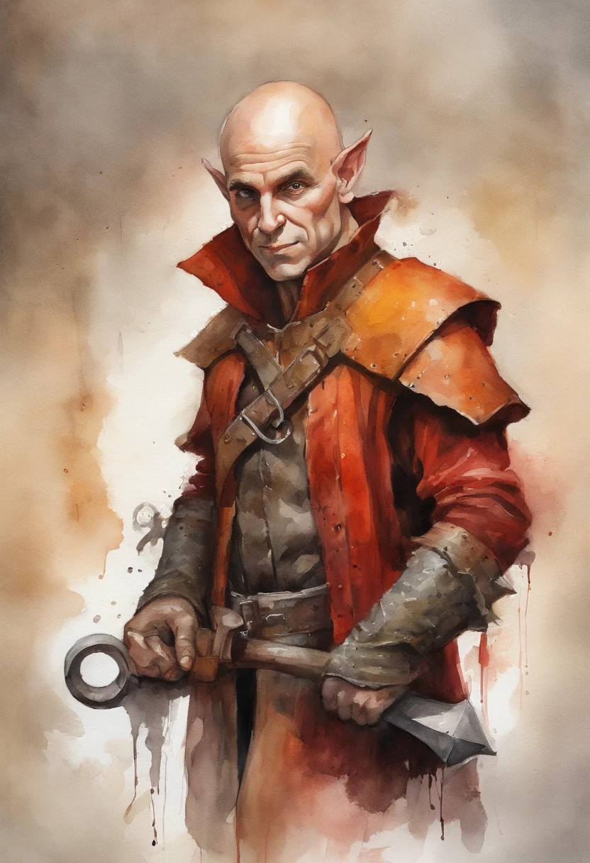 Engineer Elf, red and orange skin, bald, red eyes surrounded by black, giant wrench, masterpiece, best quality