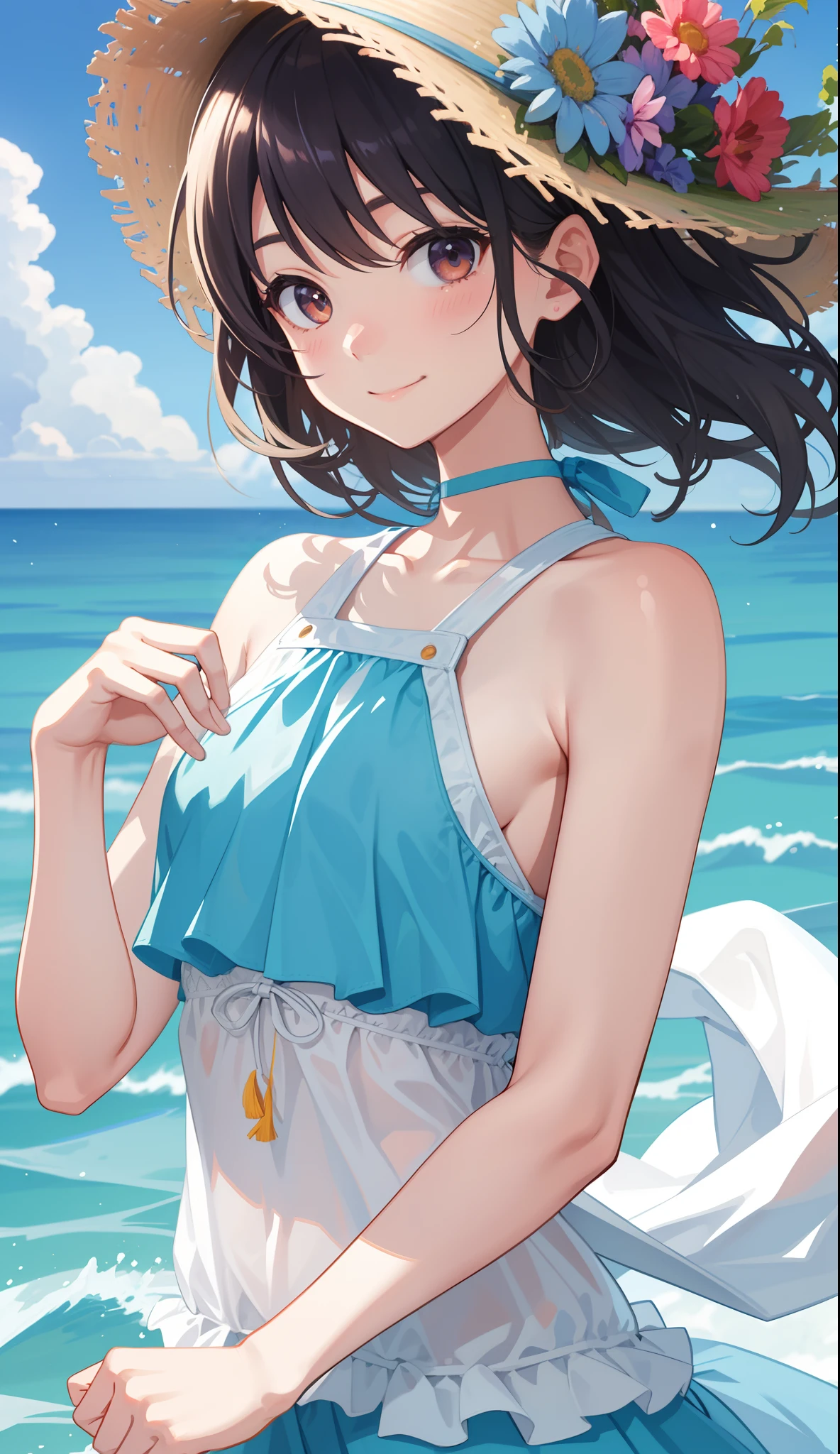 (masterpiece, Highest quality, detailed:1.3),(photograph:1.3), HD transparent background, High Detail,cute,One girl,帽子をかぶったcute女の子がビーチに立っている, Skin Tune Pink, Wearing a straw hat, Posing on the beach by the sea, Wearing a two-piece swimsuit, 10 year old female model, 巨大なWearing a straw hatいる, Wearing a swimsuit,View from below,Wet,tits,topless