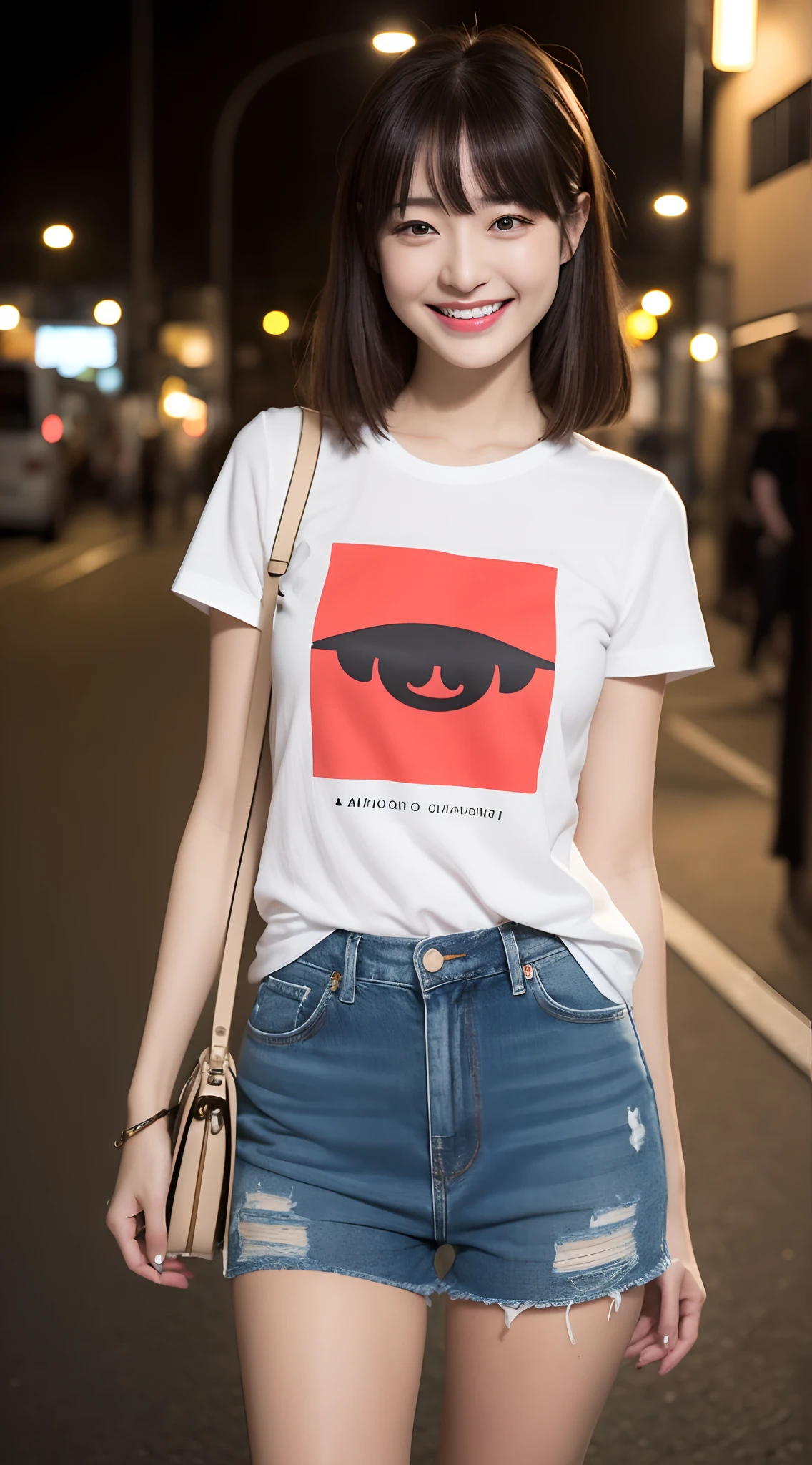 (((Top image quality、8K、1人の女性)))、((Beautie、Beautuful Women、cute little))、Random attire、Random Poses、natta、Streets of Tokyo、modeled、独奏、nightcity、Stylish clothes、Fashionable clothes、natural make up、White short-sleeved T-shirt、damage denim、japanes、a smile、ssmile