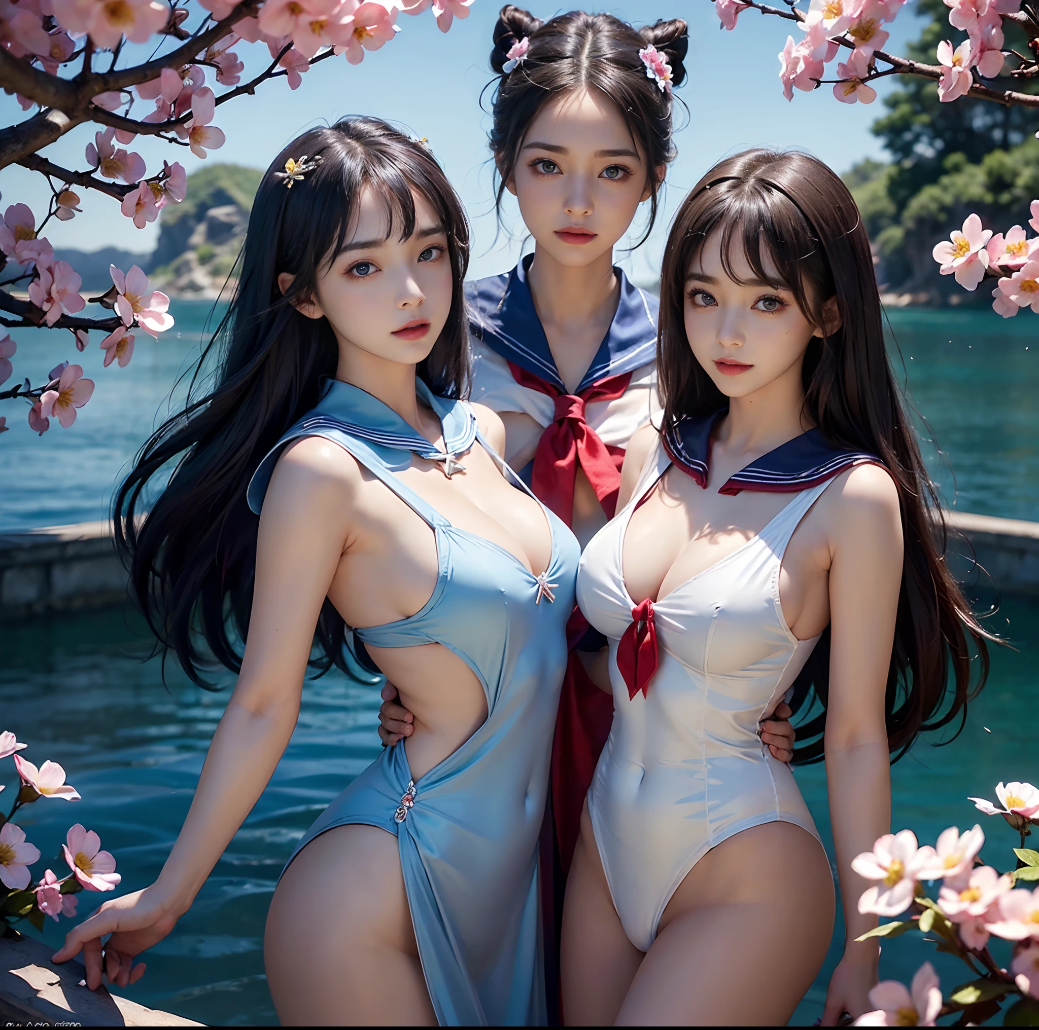 (top-quality)、 (masterpiece)、(Professional lighting with fewer shadows)、 ((A hyper-realistic))、 (perfect anatomia)、 (In front of the camera、There are two women、Daughter showing breasts and daughter showing ass、Bangs and forehead、And moles under the eyes), ( Huge breasts:1.3), (Bright and even whitening skin without wrinkles and steps:1.2), (Beautiful blue eyes with long eyelashes and red tear bags:1.2)、 (Although her costume is naked、Only sailor collars are worn as small pieces of cloth:1.7), (Two people are surrounded by flowers, Proudly stick out your chest in front of the camera:1.5), (Another person on the other side、Turned back with arched hips、Exposing your proud big ass:1.2), (One hand behind the head, A beautiful face is a beautiful smile with lowered eyebrows),