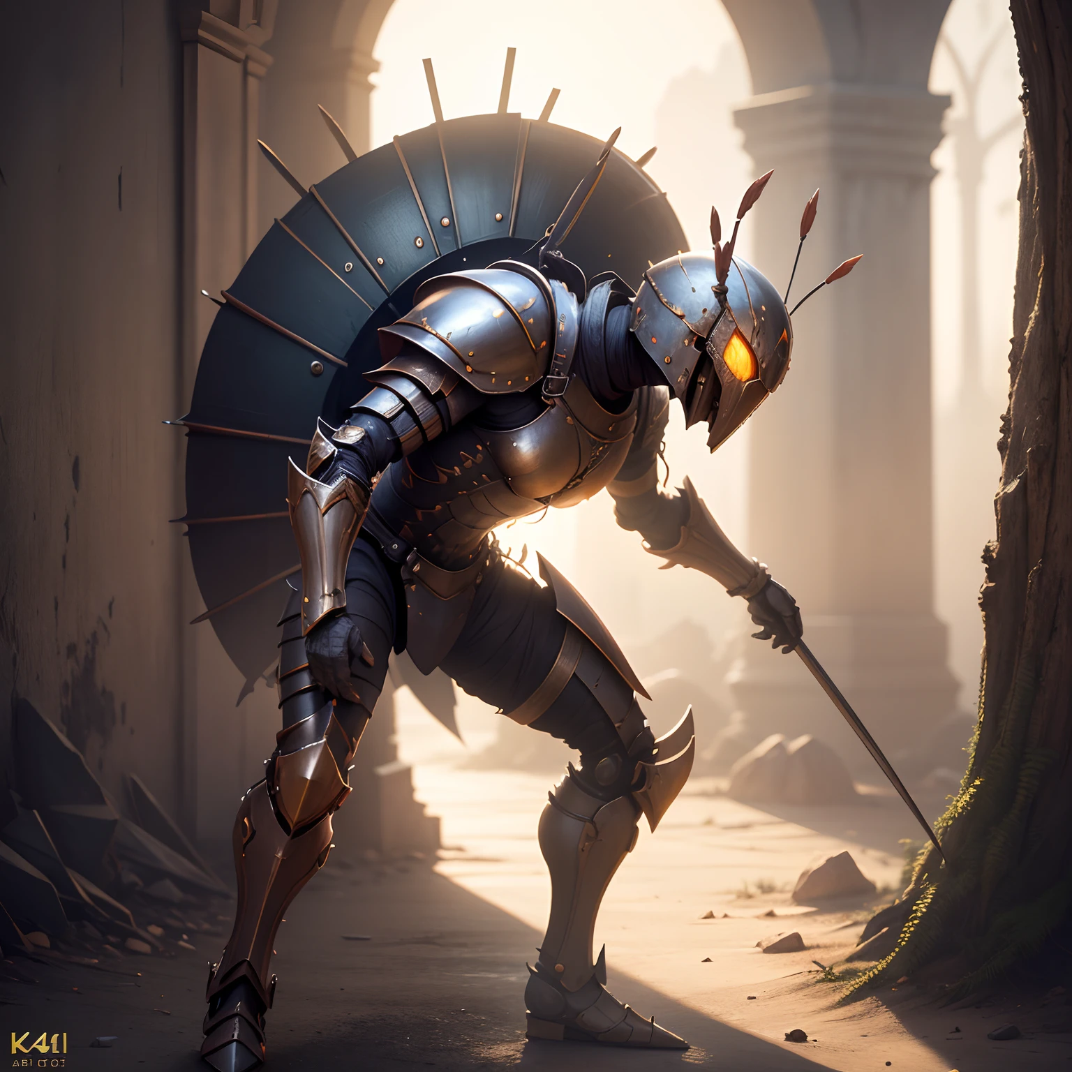 Cute corner insect warrior in realistic 4K armor, full entire body,Super Detailed, Vray Display, Unrealistic engine, Midjourney Art Style.
