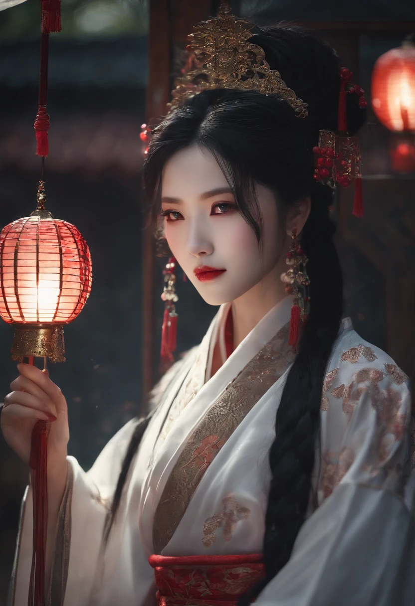 (bestquality:1.4), high-res, masterpiece,, 1girls,, Black Hair, purple eyes, (kemomimi), mediuml breasts, ,, Hair ornaments, (black|White Hanfu Clothing), detached sleeves,, red face,, lamp, shelter,, detailed face, ancient china