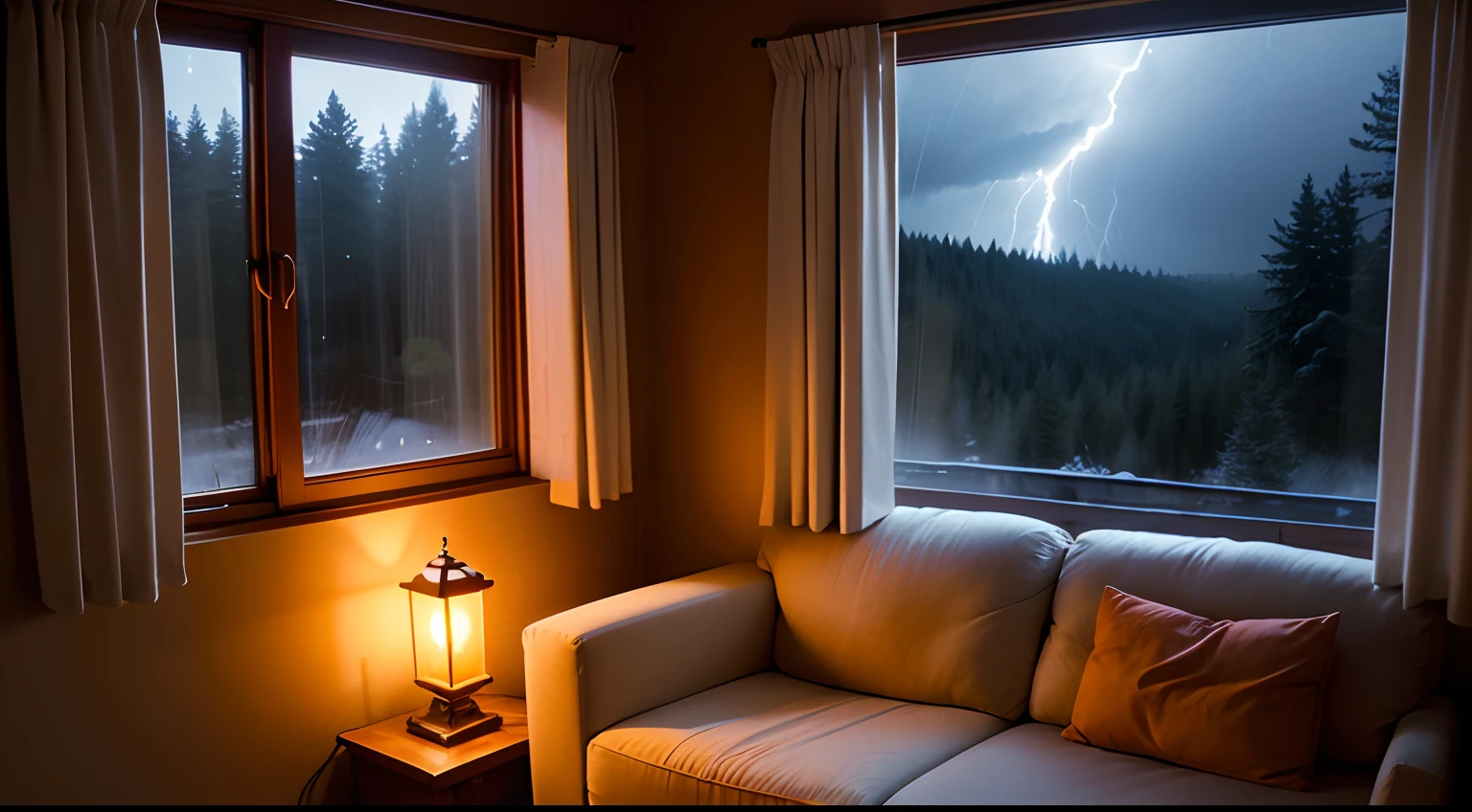 View from inside a house with a cozy sofa, a lamp illuminating the room, next to a huge window, the window is closed, a storm at night in the forest.