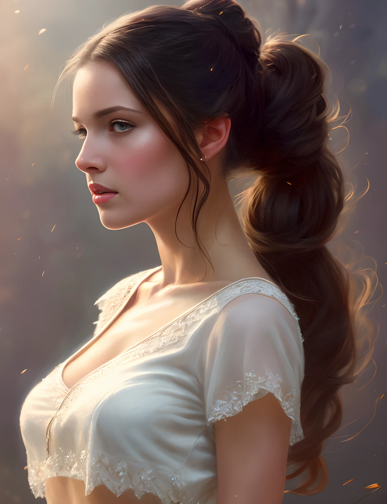 midriff, beautiful, Concept art, Digital art, High quality, Cinematic lighting, Soft lighting, Centered, Illustration, Details, Portrait, beautiful young, detailed gorgeous face, brunette hair in loose ponytail, digital painting, artstation, concept art, smooth, sharp focus, , by Laura Sava and Anna Dittman and Tom Bagshaw