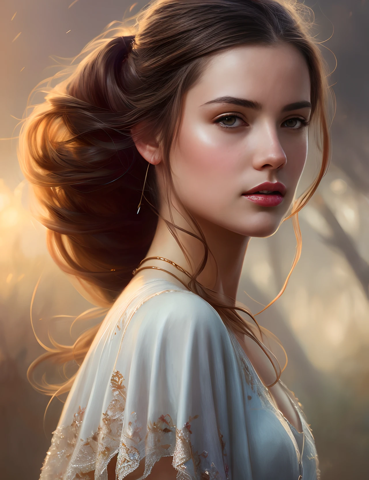 midriff, beautiful, Concept art, Digital art, High quality, Cinematic lighting, Soft lighting, Centered, Illustration, Details, Portrait, beautiful young, detailed gorgeous face, brunette hair in loose ponytail, digital painting, artstation, concept art, smooth, sharp focus, , by Laura Sava and Anna Dittman and Tom Bagshaw