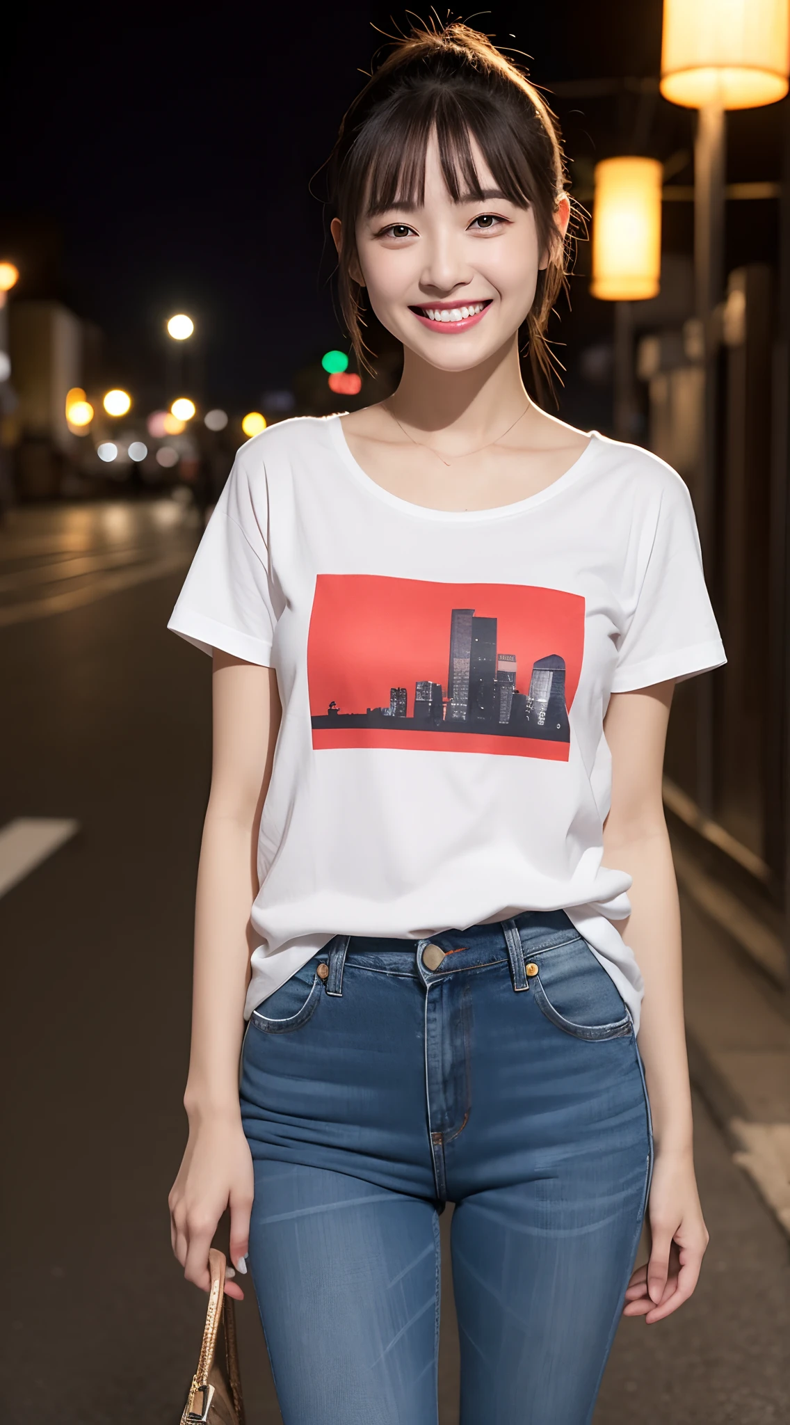 (((Top image quality、8K、1人の女性)))、((Beautie、Beautuful Women、cute little))、Random attire、Random Poses、natta、Streets of Tokyo、modeled、独奏、nightcity、Stylish clothes、Fashionable clothes、natural make up、White short-sleeved T-shirt、damage denim、japanes、A smile、ssmile