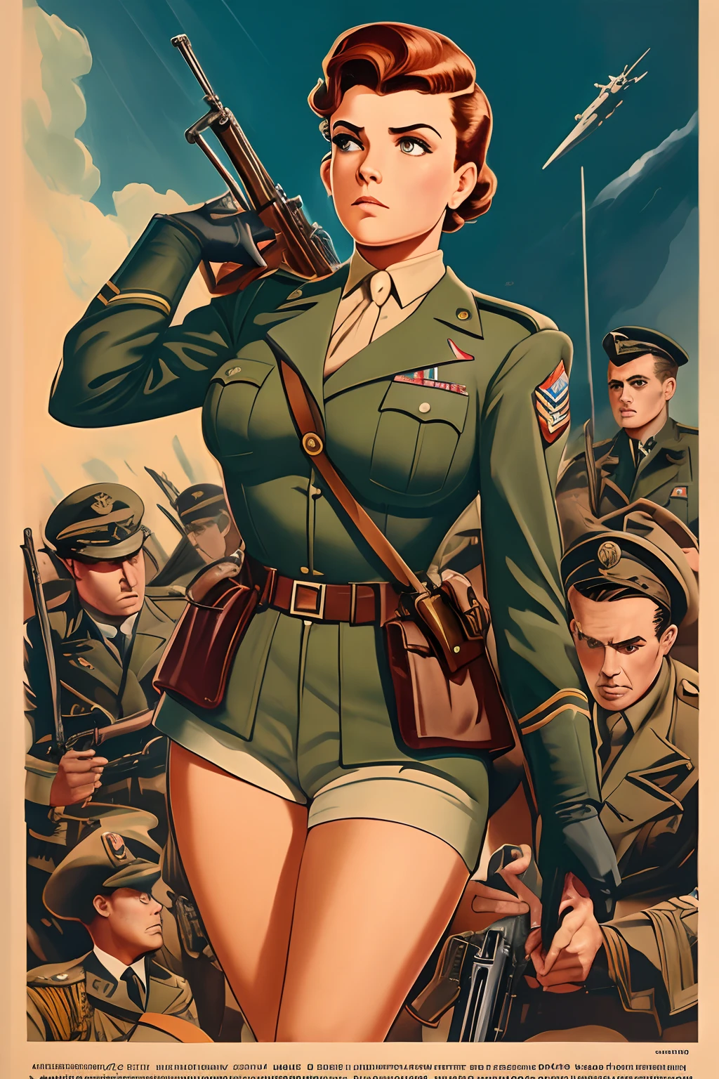 Arte Inspirada John Buscema, World War II poster, vemos uma cadete feminina segurando um morteiro, uniforme militar perfeita, short hair up to the shoulders, cor ruiva, olhos verdes claros, seios pequenos, corpo delgado, imponente no campo de batalha, Cannon fire, A scene showing seriousness and conviction