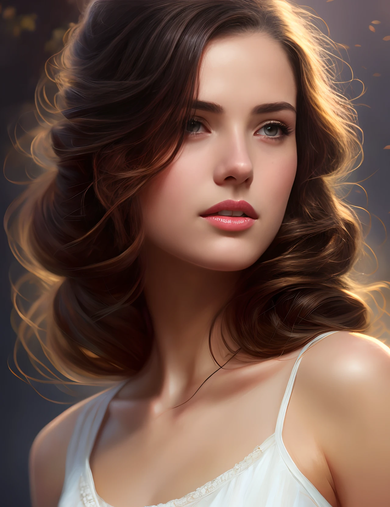 midriff, beautiful, Concept art, Digital art, High quality, Cinematic lighting, Soft lighting, Centered, Illustration, Details, Portrait, beautiful young, detailed gorgeous face, brunette hair in loose ponytail, digital painting, artstation, concept art, smooth, sharp focus, , by Laura Sava and Anna Dittman and Tom Bagshaw