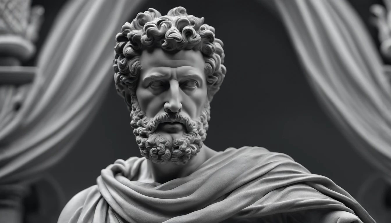 a portrait statue of the stoic Marcus Aurelius in black and white 4K,with muscles, Face de lado, papel de parede super realista