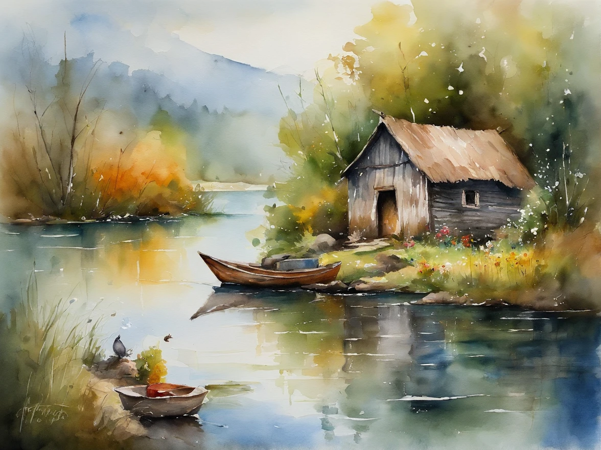There are a old hut beside the river, a fishing boat near hut over the water, ducklings are swimming near the boat, flowers are blooming beside the hut, an old man smoke and sitting in front of the hut.