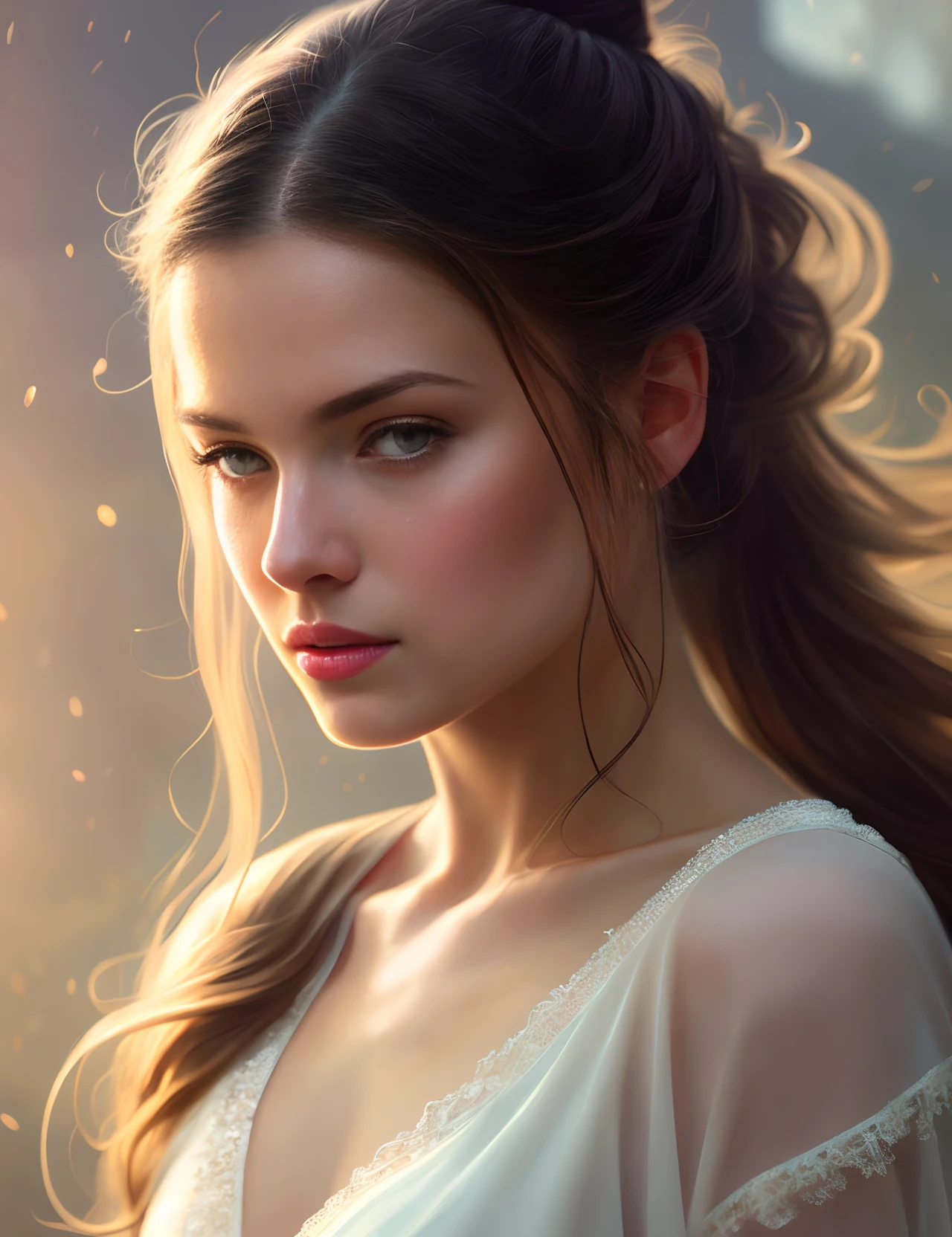 midriff, beautiful, Concept art, Digital art, High quality, Cinematic lighting, Soft lighting, Centered, Illustration, Details, Portrait, beautiful young, detailed gorgeous face, brunette hair in loose ponytail, digital painting, artstation, concept art, smooth, sharp focus, , by Laura Sava and Anna Dittman and Tom Bagshaw