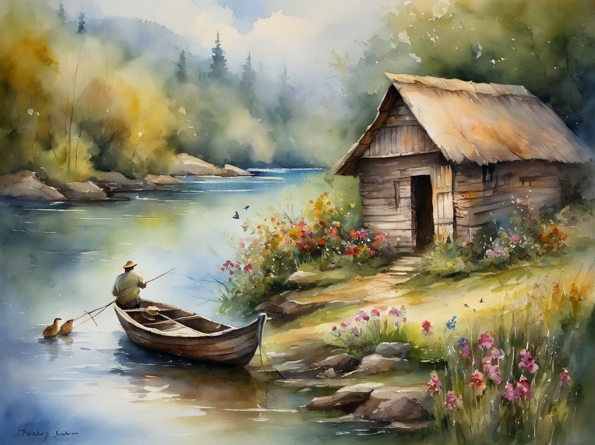 There are a old hut beside the river, a fishing boat near hut over the water, ducklings are swimming near the boat, flowers are blooming beside the hut, an old man smoke and sitting in front of the hut.