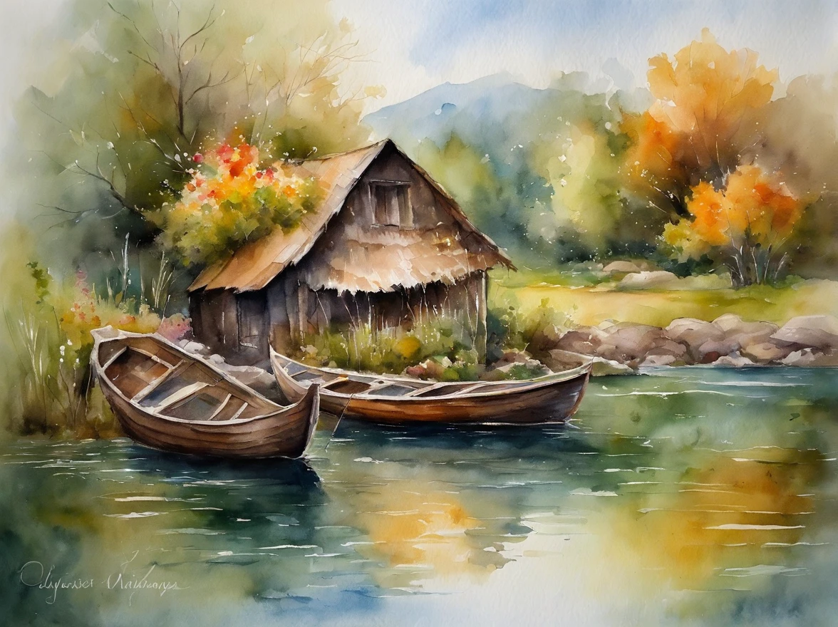 There are a old hut beside the river, a fishing boat near hut over the water, ducklings are swimming near the boat, flowers are blooming beside the hut, an old man smoke and sitting in front of the hut.