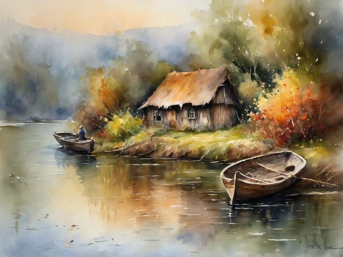 There are a old hut beside the river, a fishing boat near hut over the water, ducklings are swimming near the boat, flowers are blooming beside the hut, an old man smoke and sitting in front of the hut.