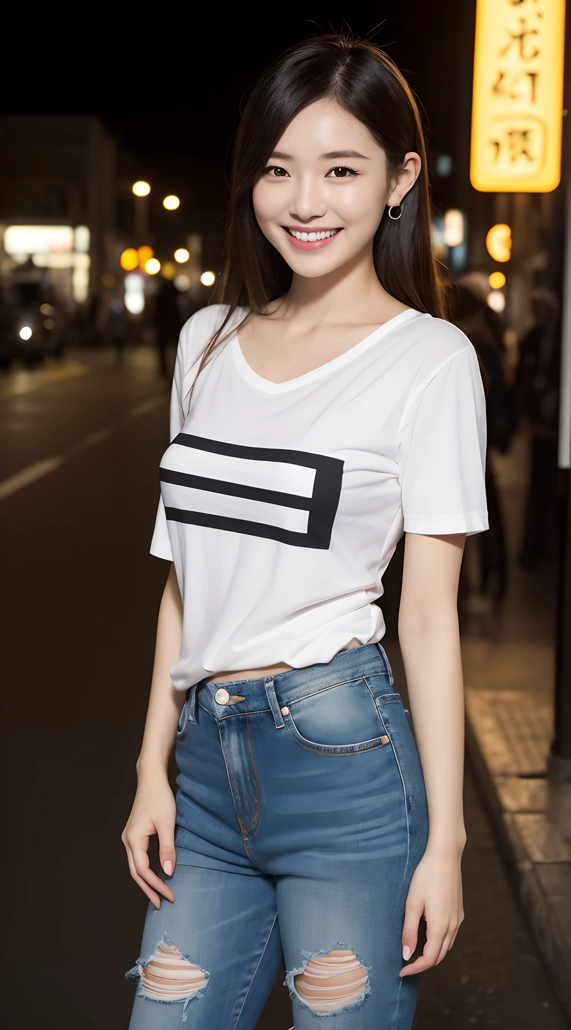 (((Top image quality、8K、1人の女性)))、((Beautie、Beautuful Women、cute little))、Random attire、Random Poses、natta、Streets of Tokyo、modeled、独奏、nightcity、Stylish clothes、Fashionable clothes、natural make up、White short-sleeved T-shirt、damage denim、japanes、A smile、ssmile